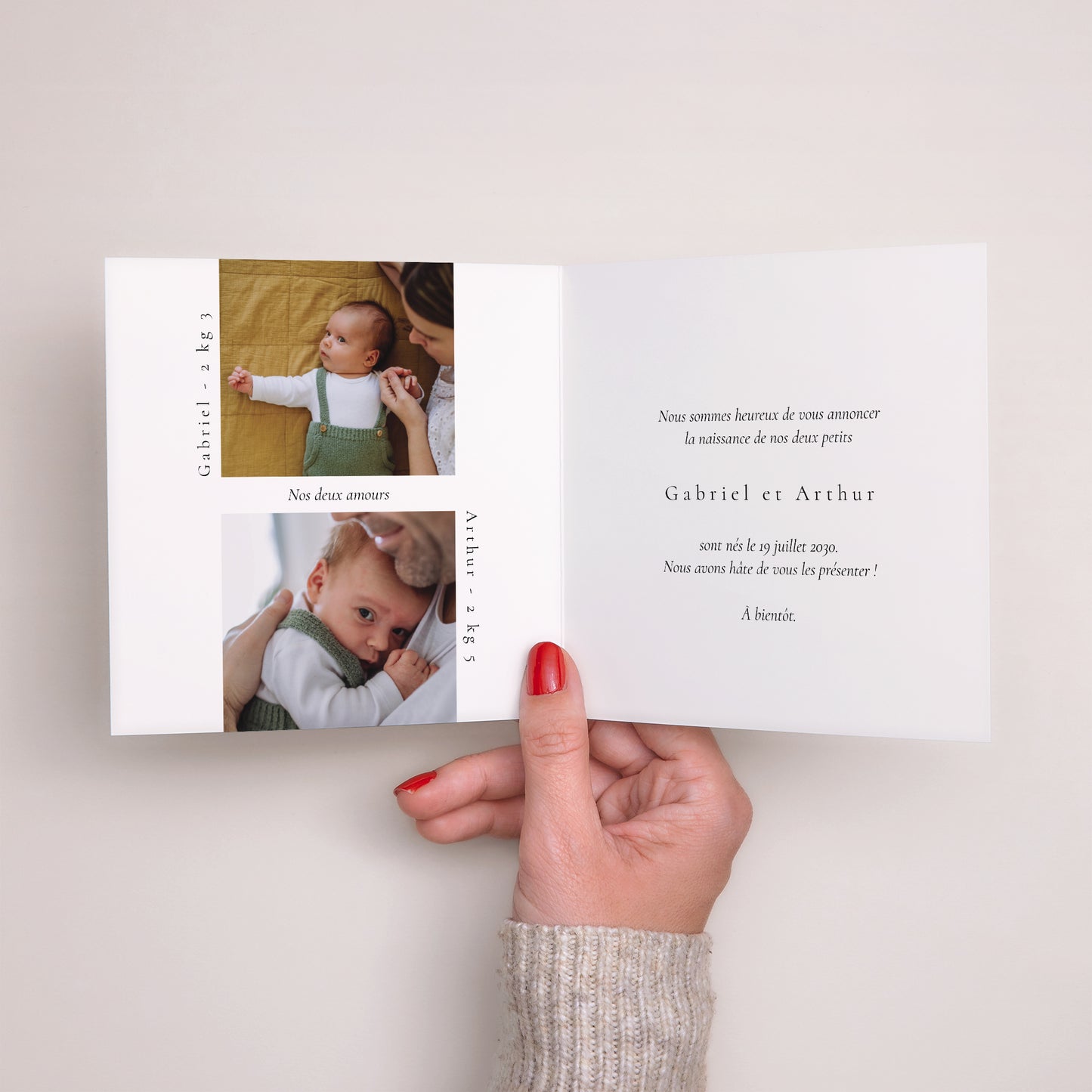 Faire-part Naissance Carré double volet Multiphotos jumeaux III photo N° 2