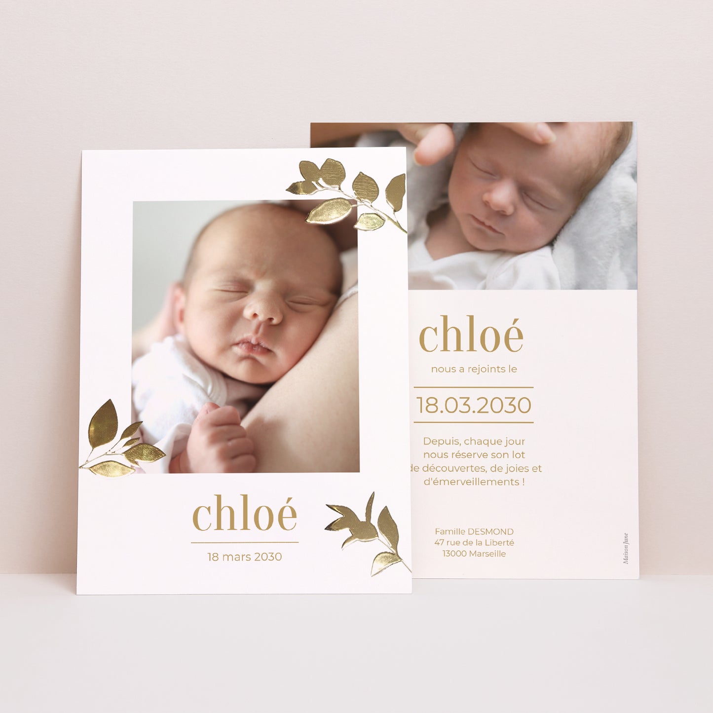 Faire-part Naissance Portrait Petites feuilles dorées photo N° 1