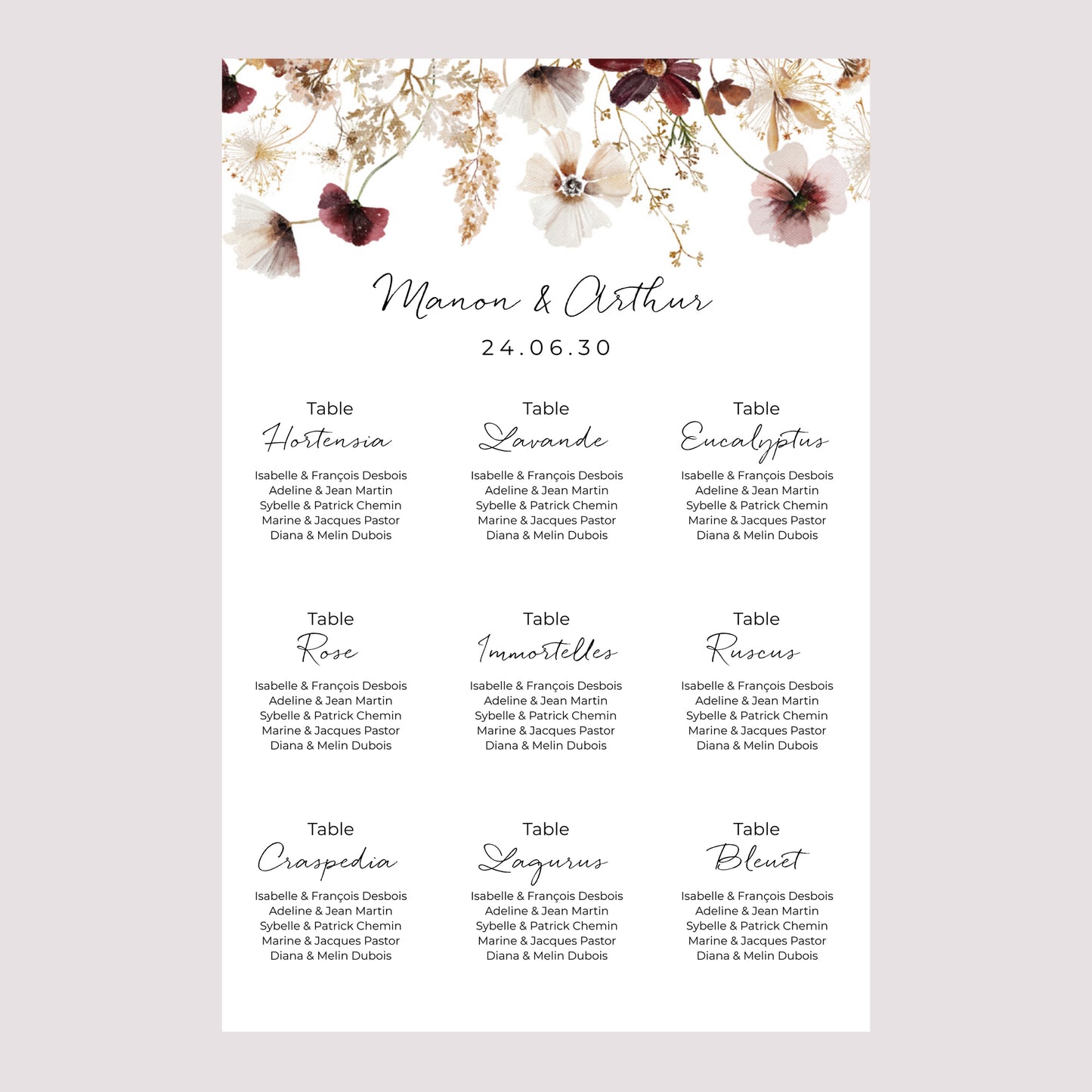 Plan de table Mariage Portrait 60 x 90 cm Fleurs séchées des prés photo N° 2