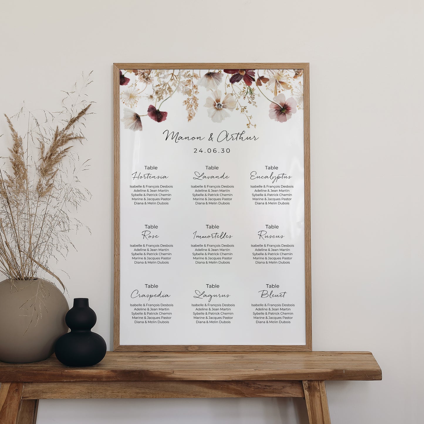 Plan de table Mariage Portrait 60 x 90 cm Fleurs séchées des prés photo N° 2