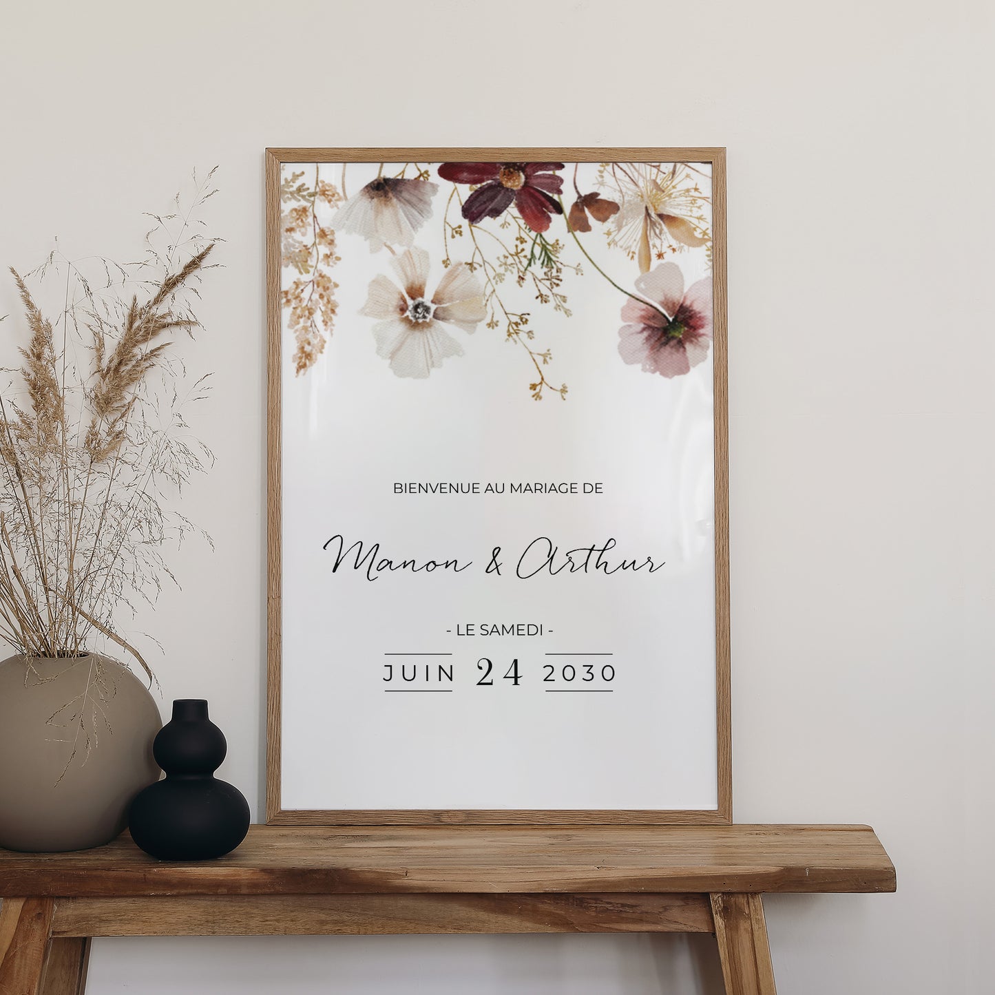 Panneau bienvenue Mariage Portrait 60 x 90 cm fleurs séchées des prés photo N° 2