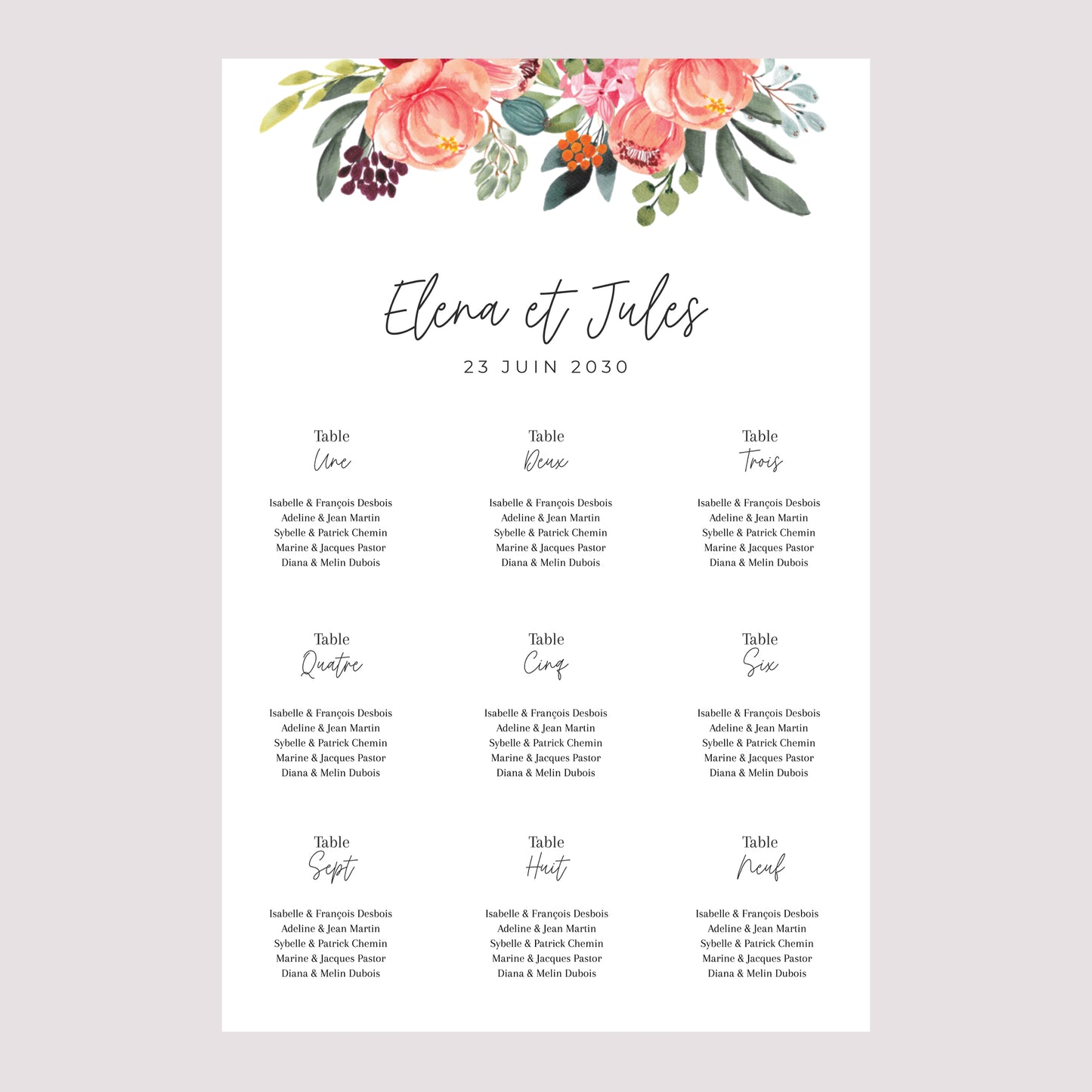 Plan de table Mariage Portrait 60 x 90 cm Pop's Flowers photo N° 2