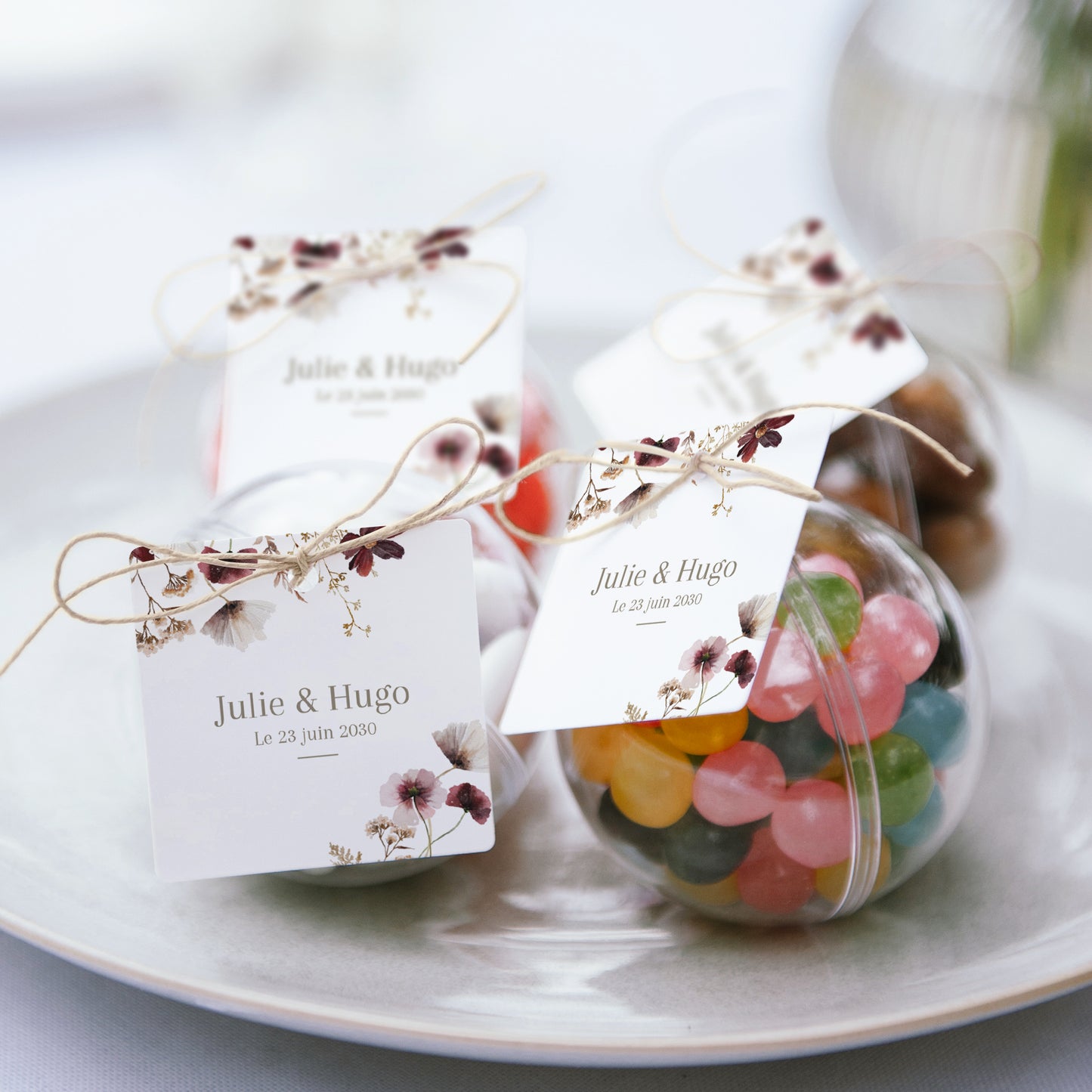 Boîte à dragées Mariage boule avec étiquette carrée Fleurs séchées des prés II photo N° 2