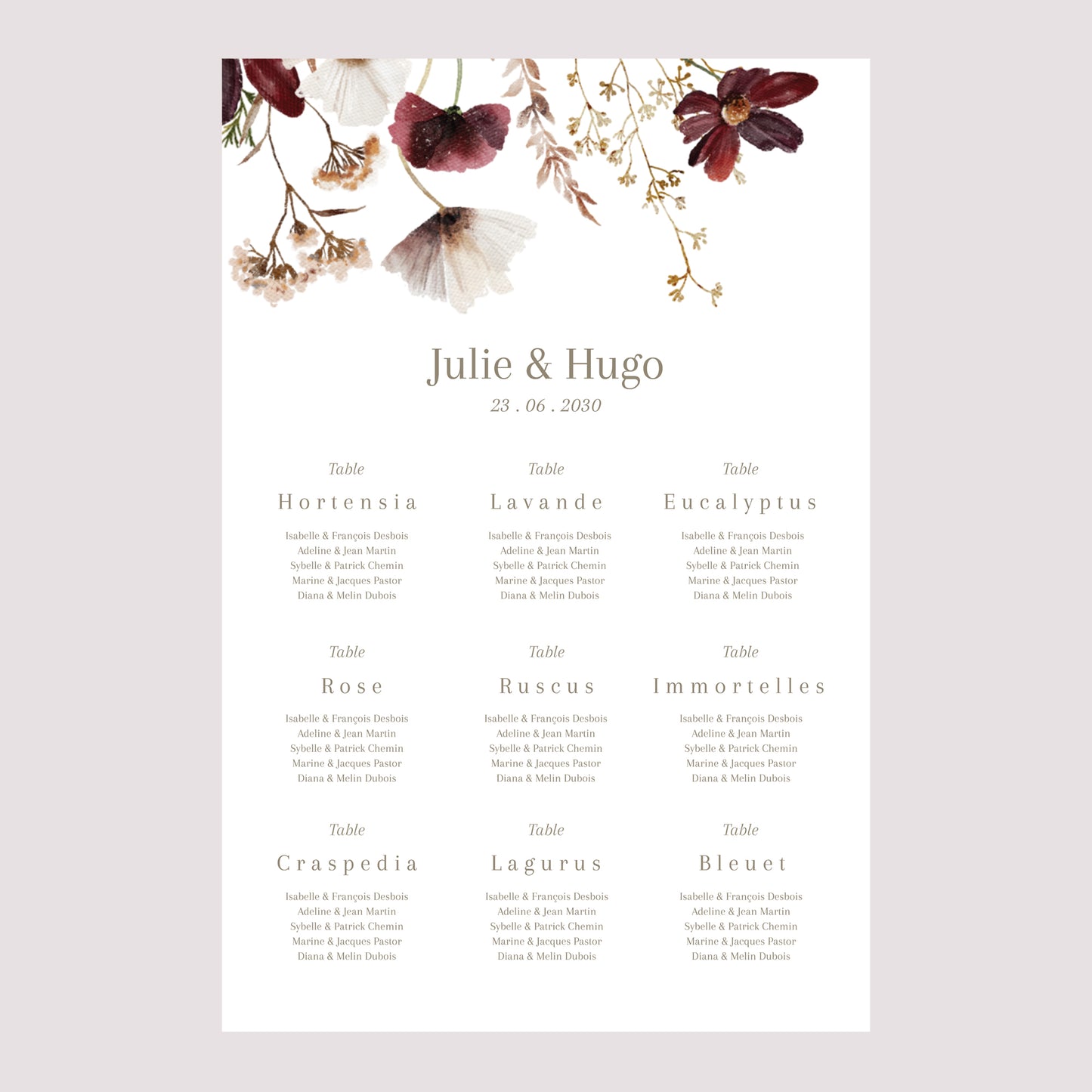 Plan de table Mariage Portrait 60 x 90 cm Fleurs Séchées des Prés II photo N° 2