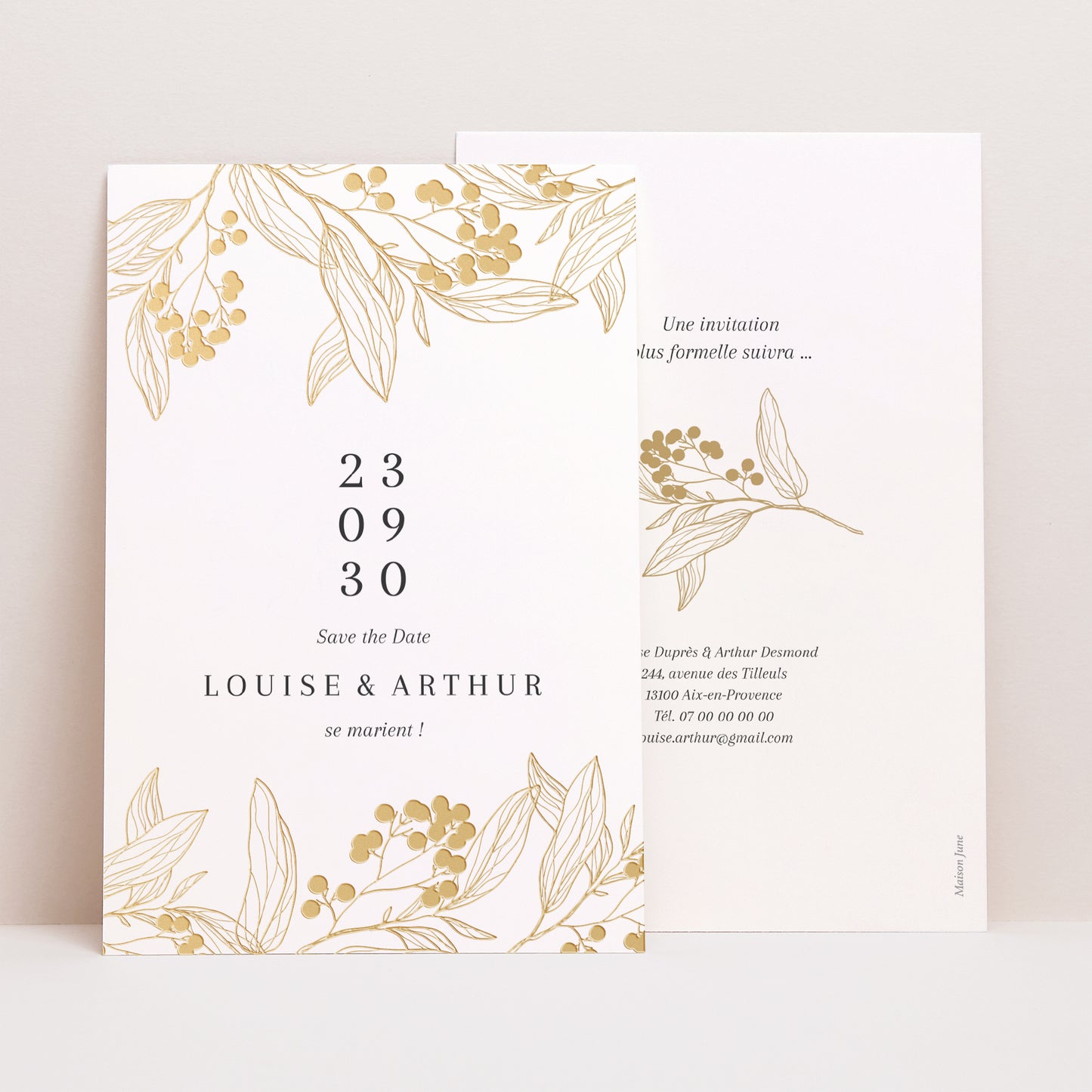 Save the date Mariage Portrait Motifs floraux dorés photo N° 1