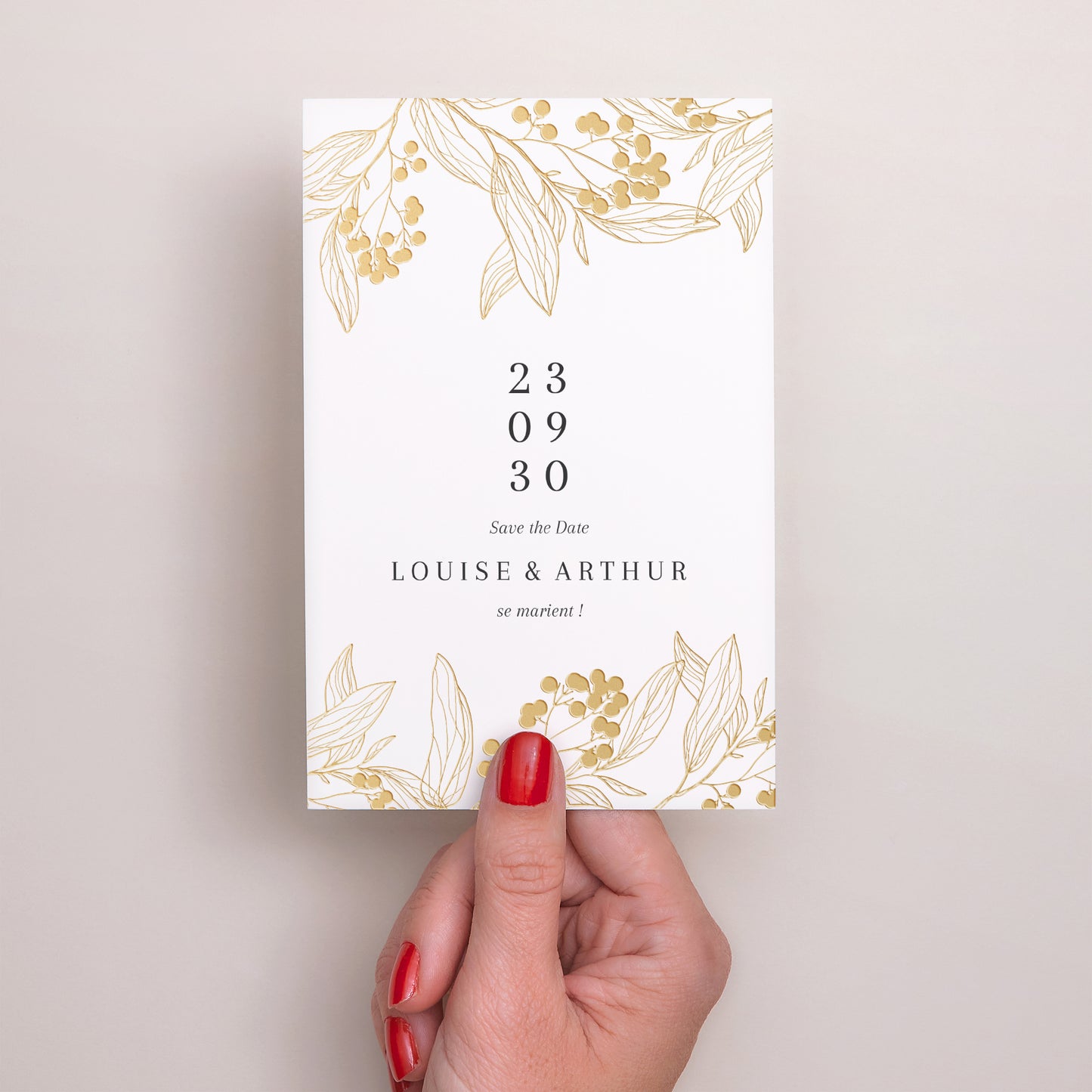 Save the date Mariage Portrait Motifs floraux dorés photo N° 2
