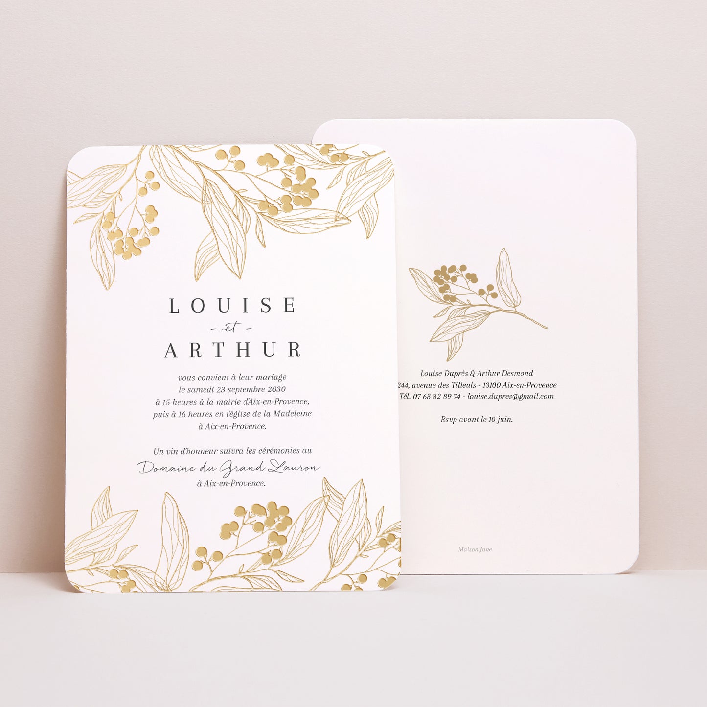 Faire-part Mariage Portrait, bords arrondis Motifs floraux dorés photo N° 1