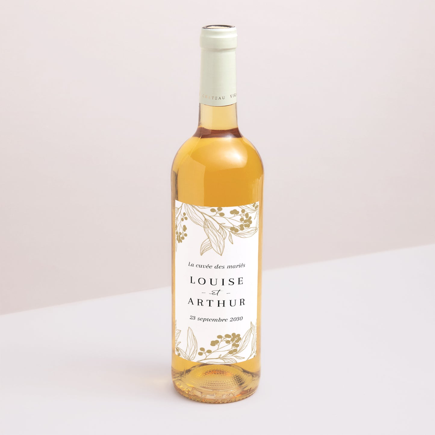 Etiquette bouteille Mariage Portrait Motifs floraux dorés photo N° 1