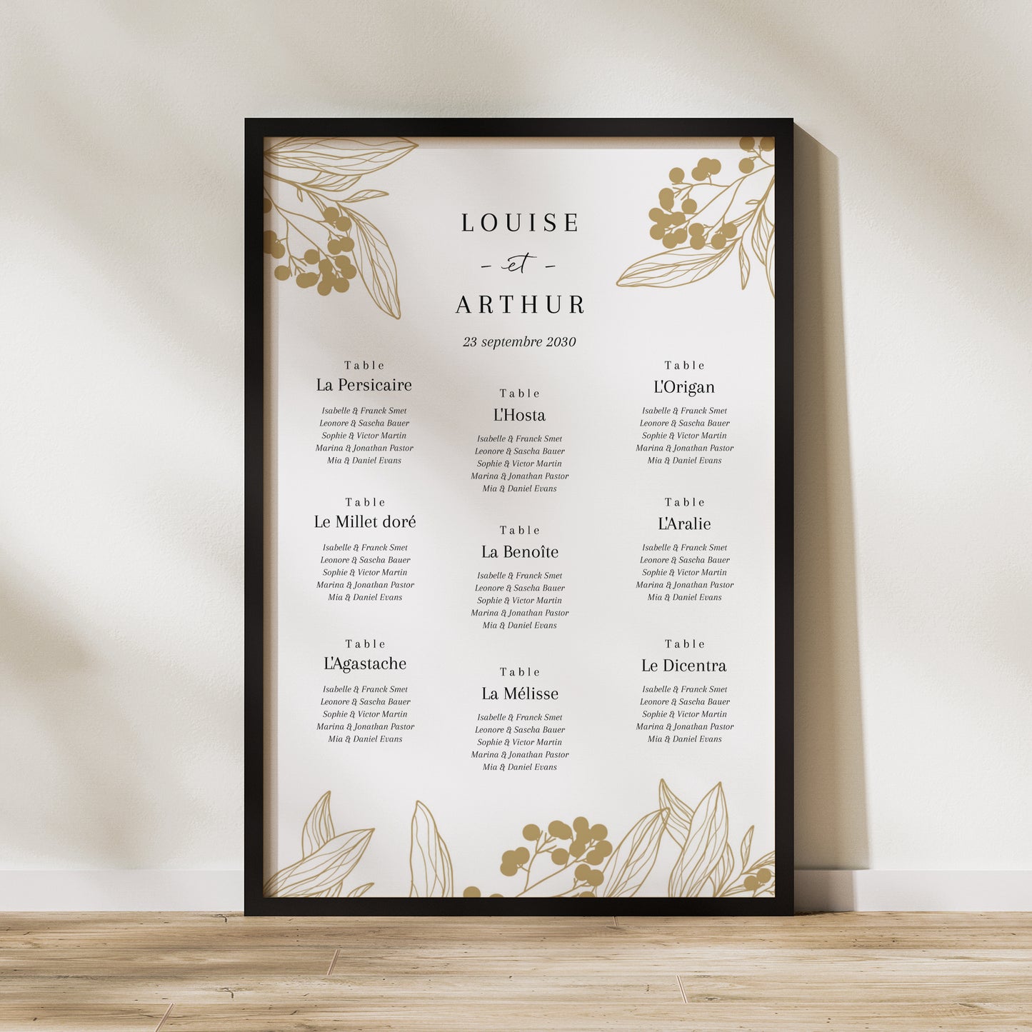 Plan de table Mariage Portrait Motifs floraux dorés photo N° 1