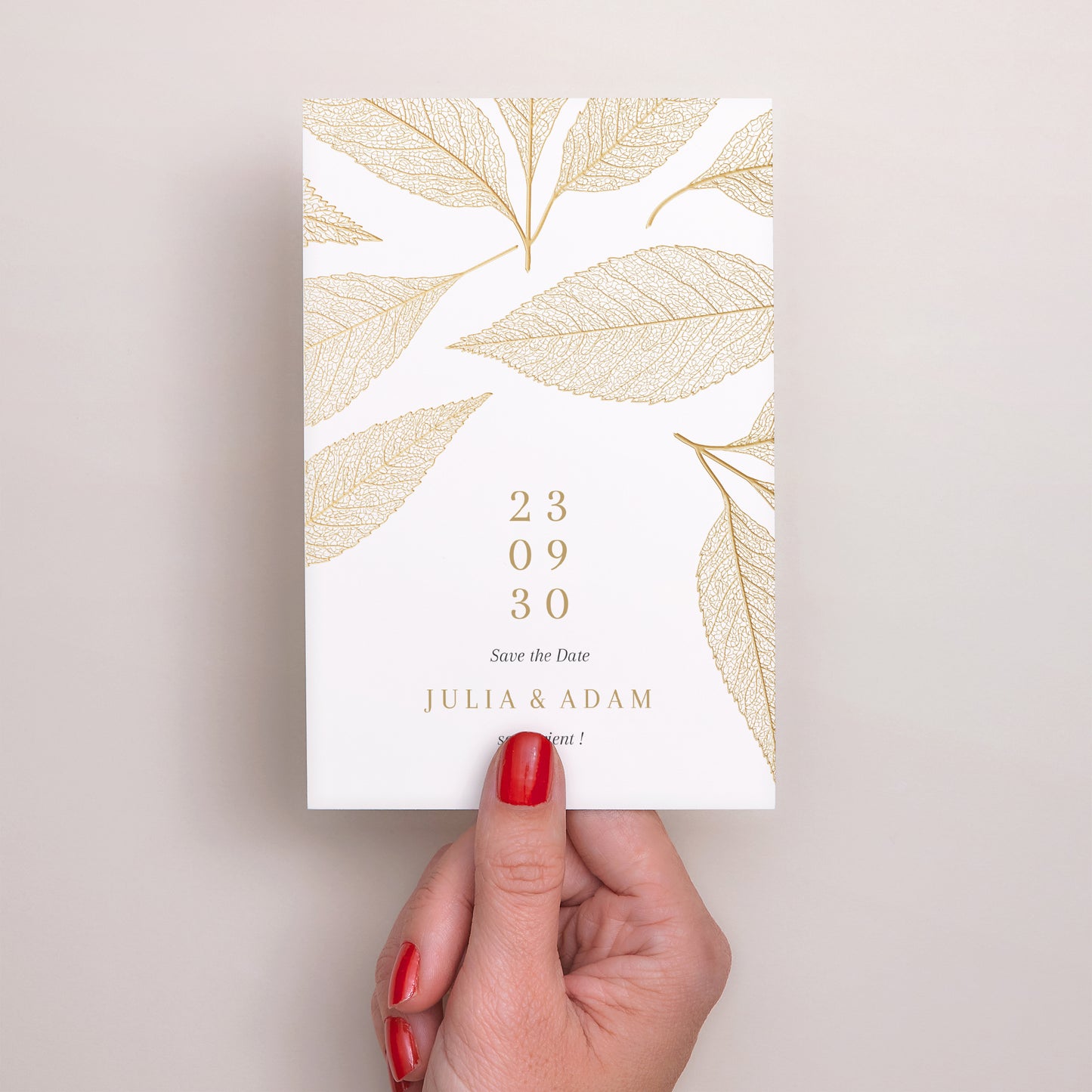 Save the date Mariage Portrait feuilles dorées photo N° 2