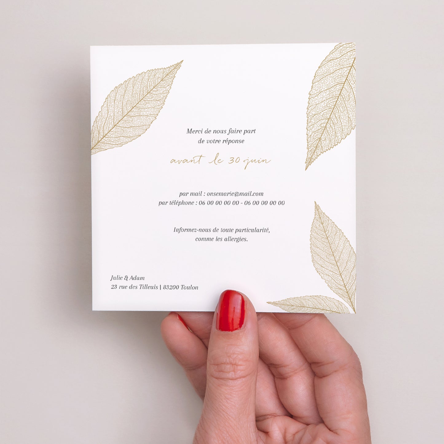 Carton réponse Mariage Carré Feuilles dorées photo N° 3