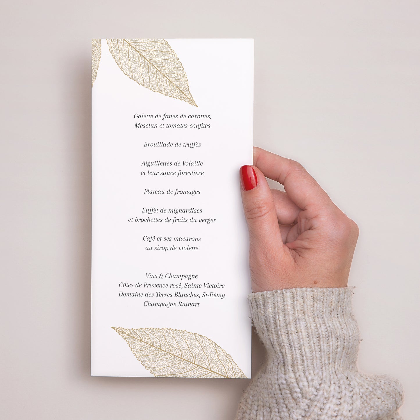 Menu Mariage Panoramique portrait feuilles dorées photo N° 3