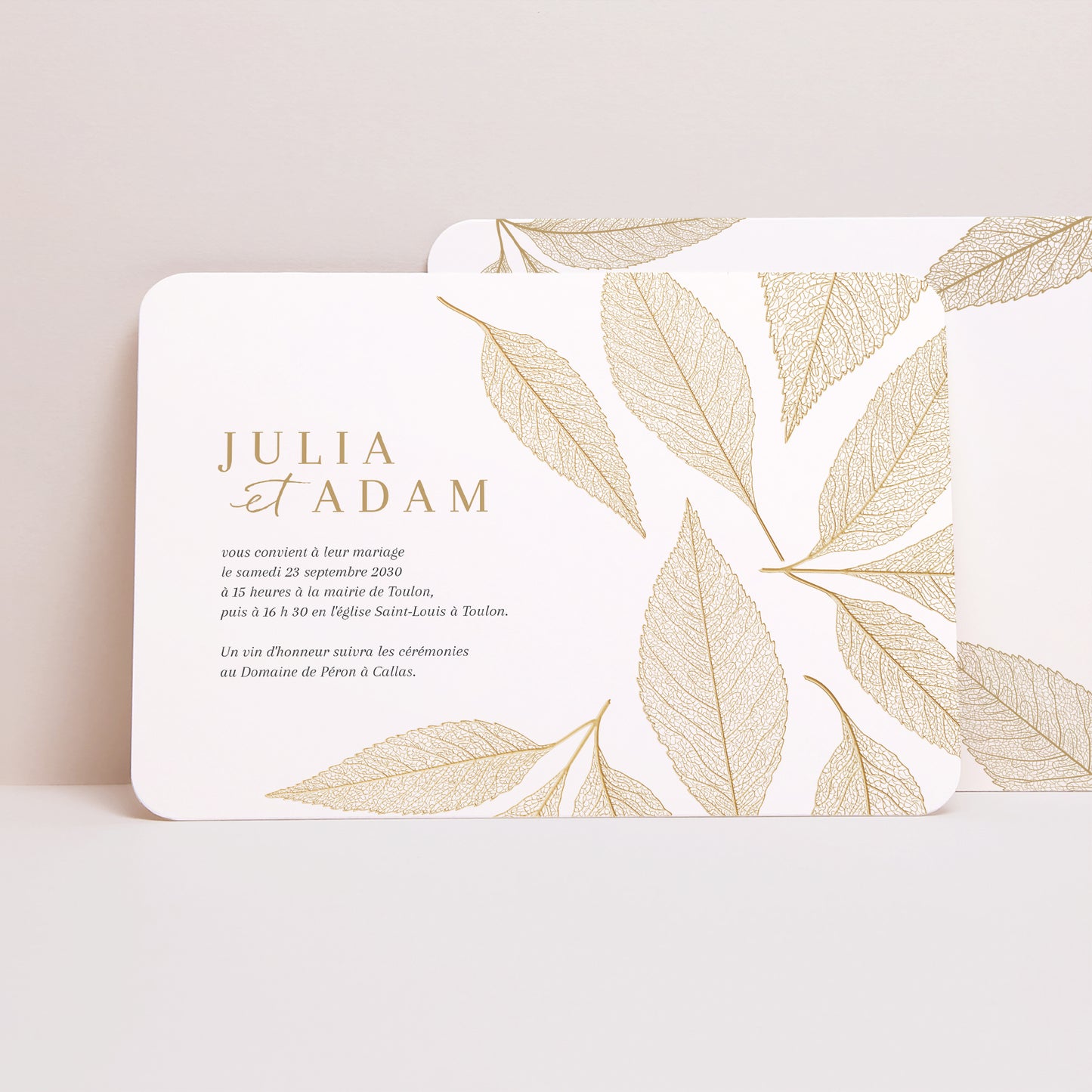 Faire-part Mariage Paysage, bords arrondis feuilles dorées photo N° 1