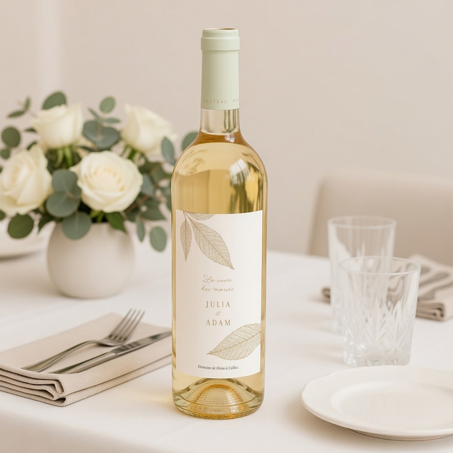 Etiquette bouteille Mariage Portrait Feuilles dorées photo N° 2