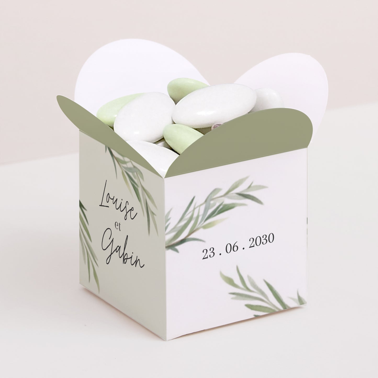 Boîte à dragées Mariage Ouverture papillon Feuilles d'olivier photo N° 1