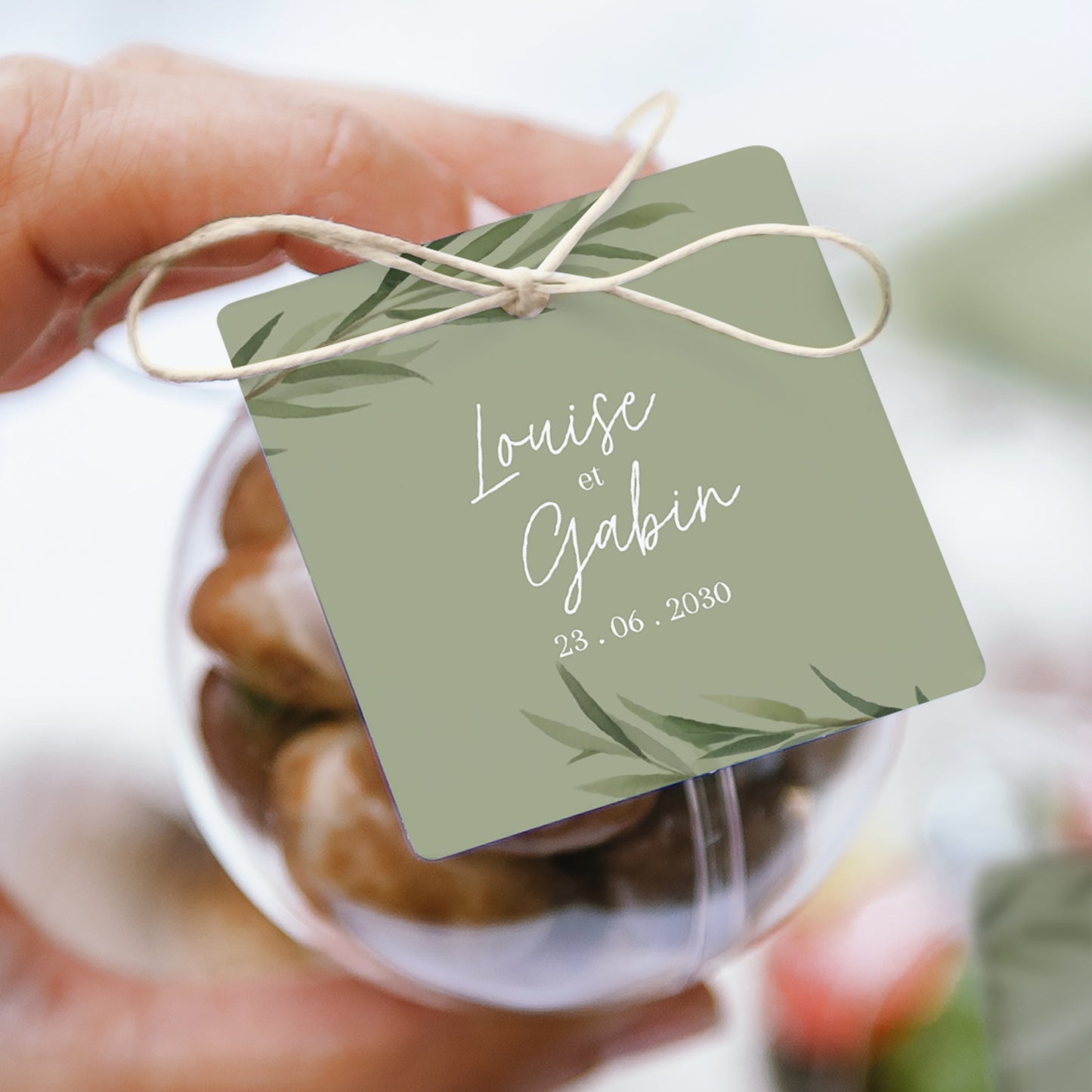 Boîte à dragées Mariage boule avec étiquette carrée Feuilles d'olivier photo N° 1