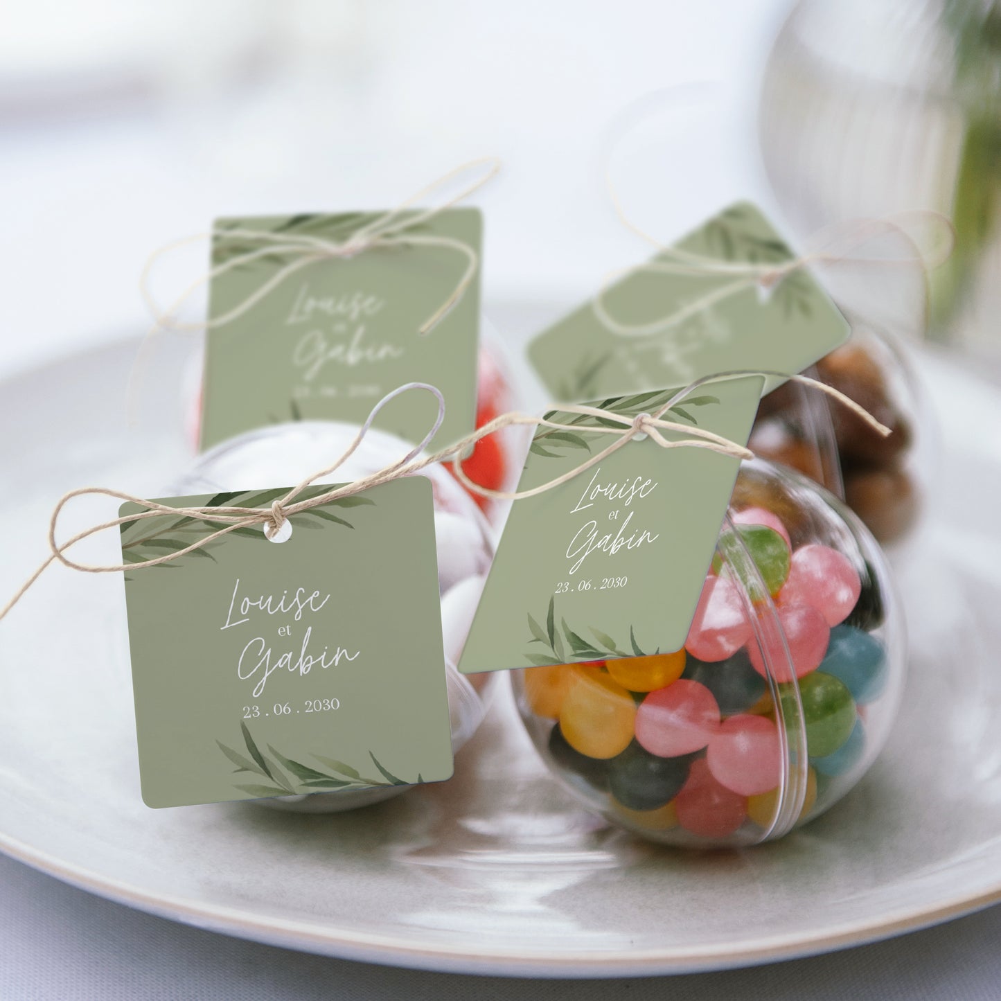 Boîte à dragées Mariage boule avec étiquette carrée Feuilles d'olivier photo N° 2