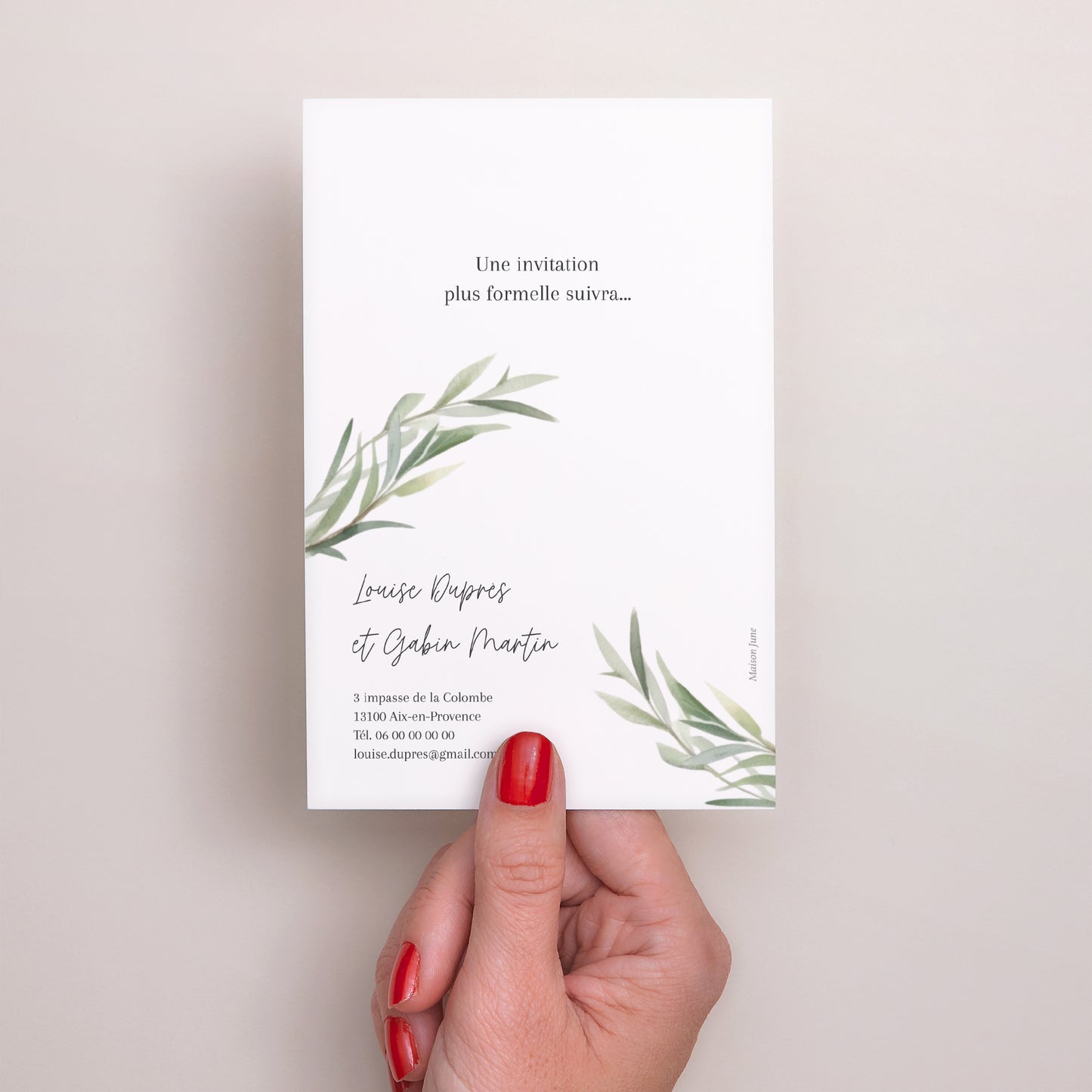 Save the date Mariage Portrait Feuilles d'olivier photo N° 3