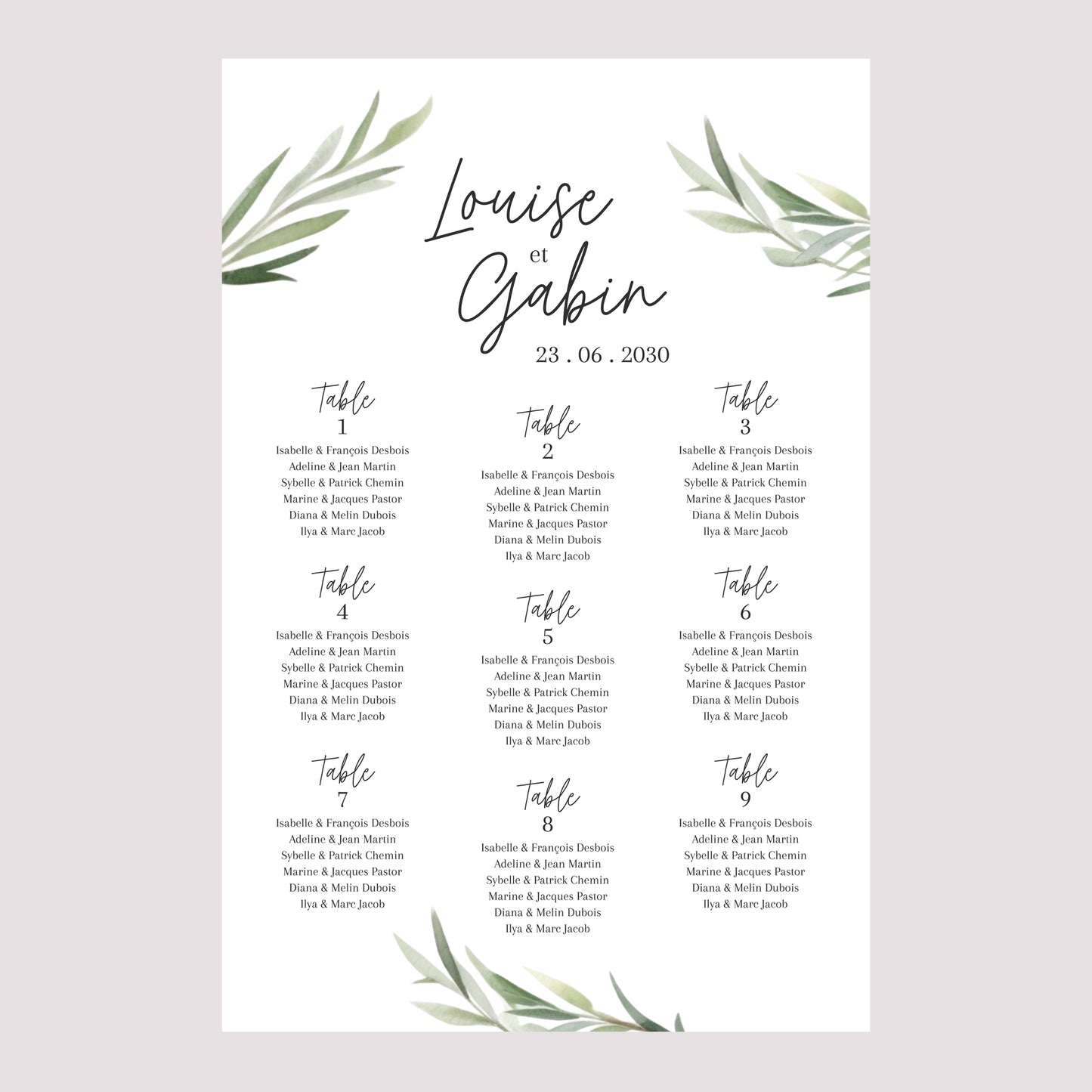 Plan de table Mariage Portrait 60 x 90 cm Feuilles d'Olivier photo N° 2