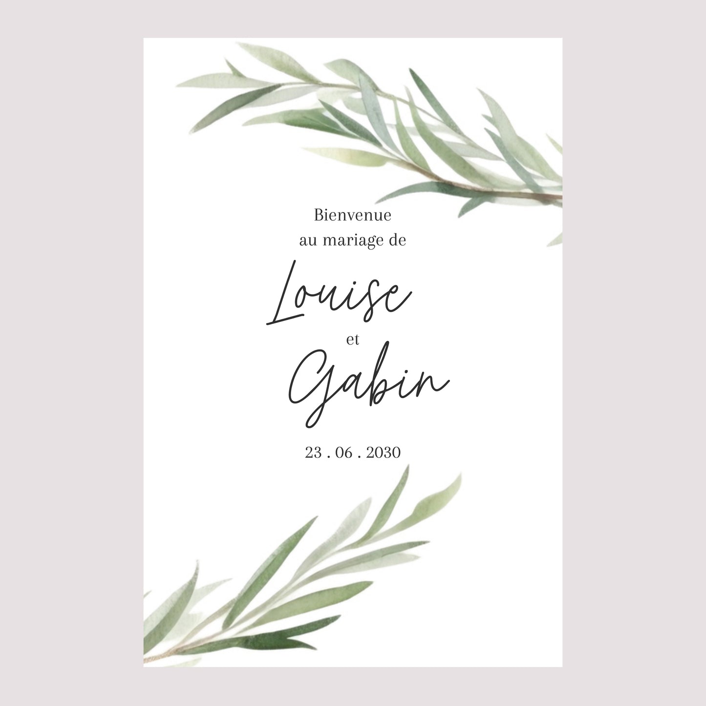 Panneau bienvenue Mariage Portrait 60 x 90 cm Feuilles d'Olivier photo N° 2