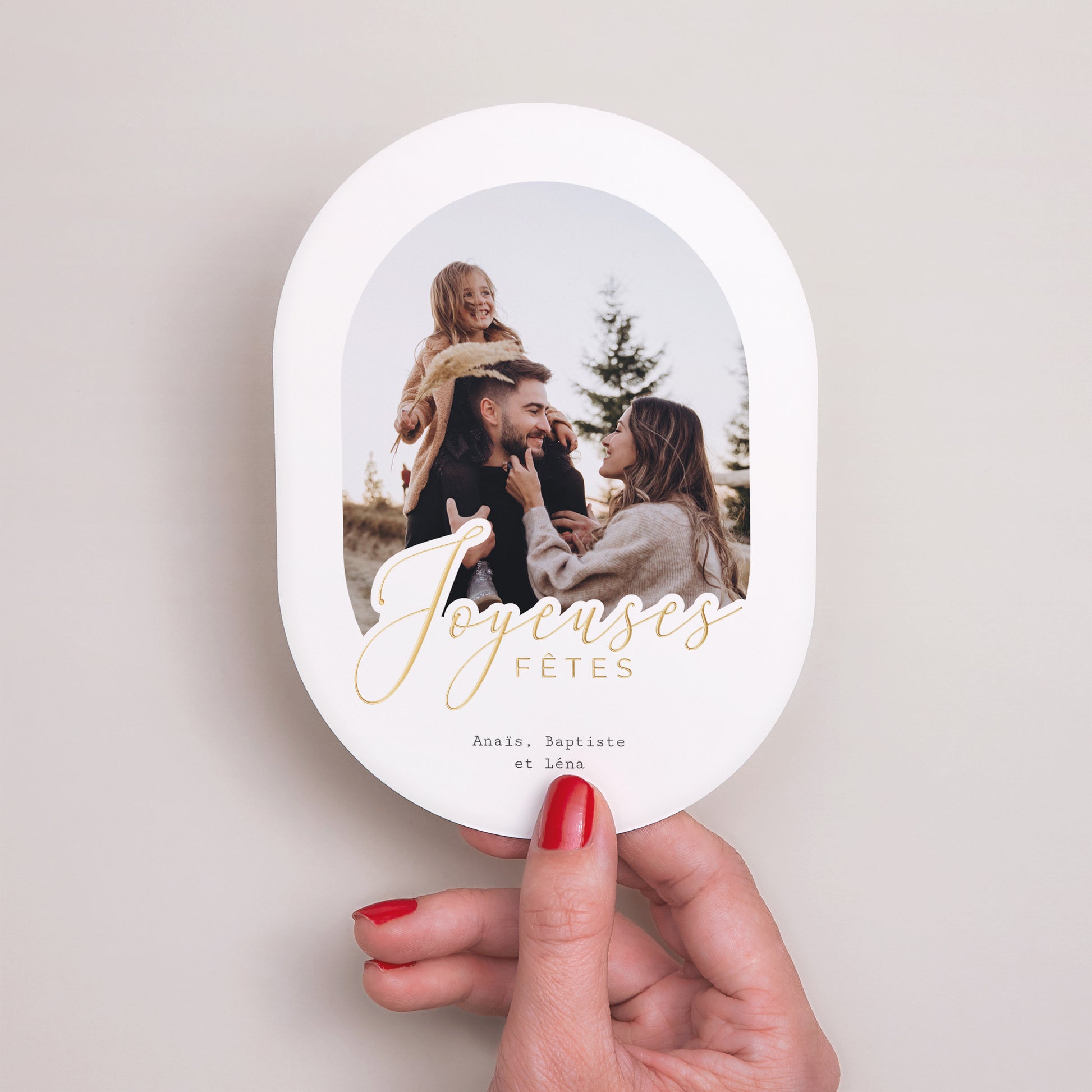 Carte de Noel Fin d'année Ovale Neige dorée photo N° 2