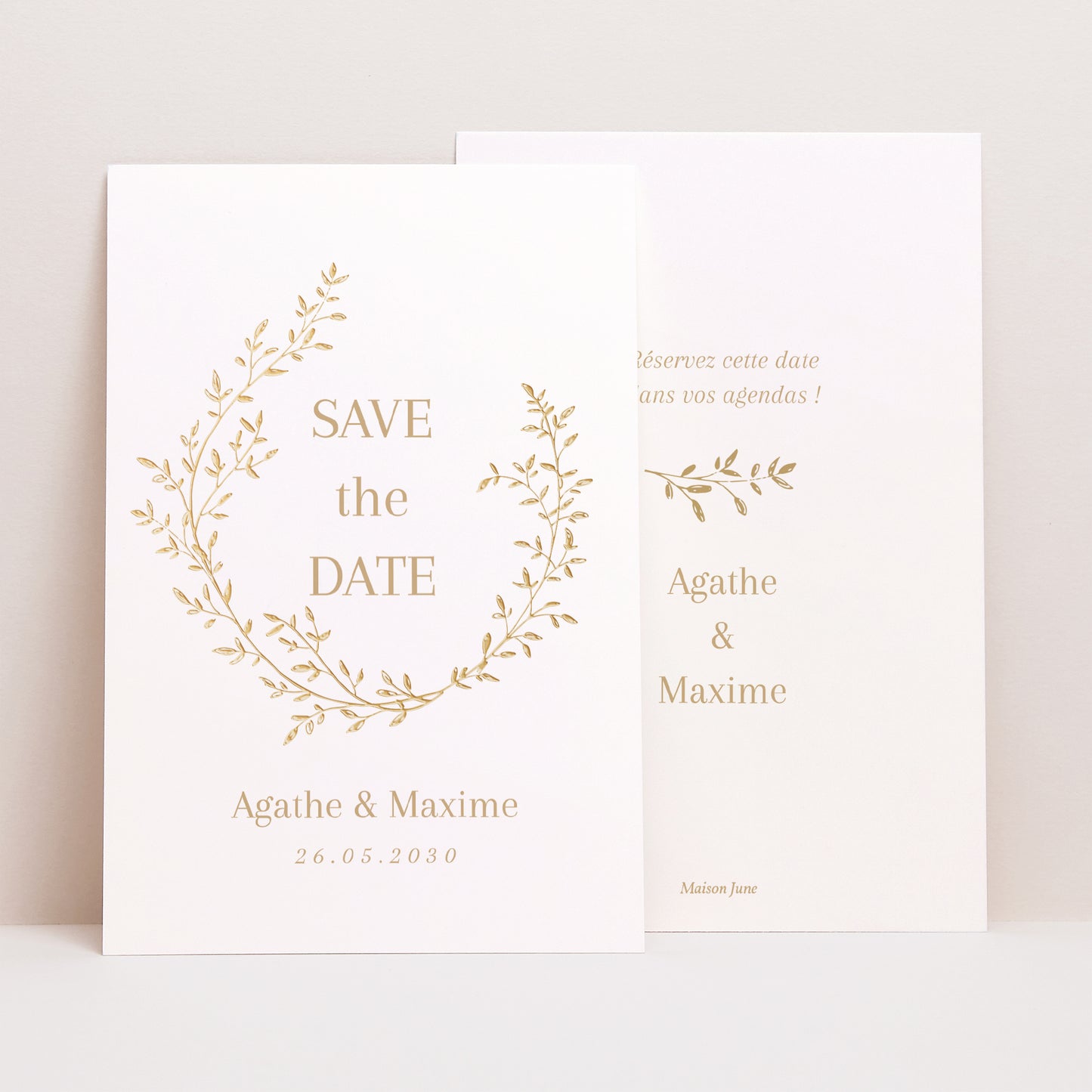 Save the date Mariage Portrait couronne florale dorée photo N° 1