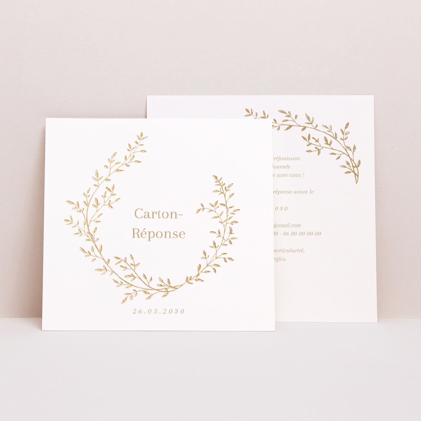 Carton réponse Mariage Carré couronne florale dorée photo N° 1