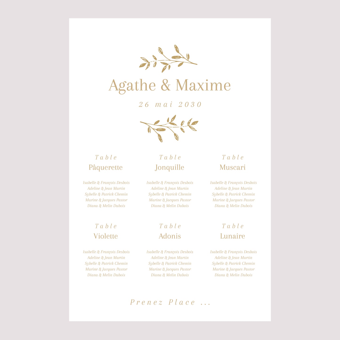 Plan de table Mariage Portrait 60 x 90 cm Couronne florale dorée photo N° 2