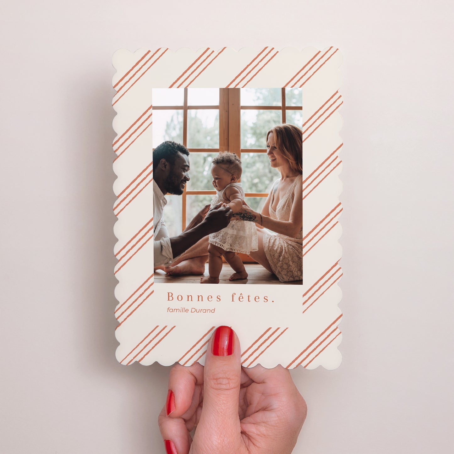 Carte de Noel Fin d'année Portrait, bords biscuit Rayures rouges photo N° 2