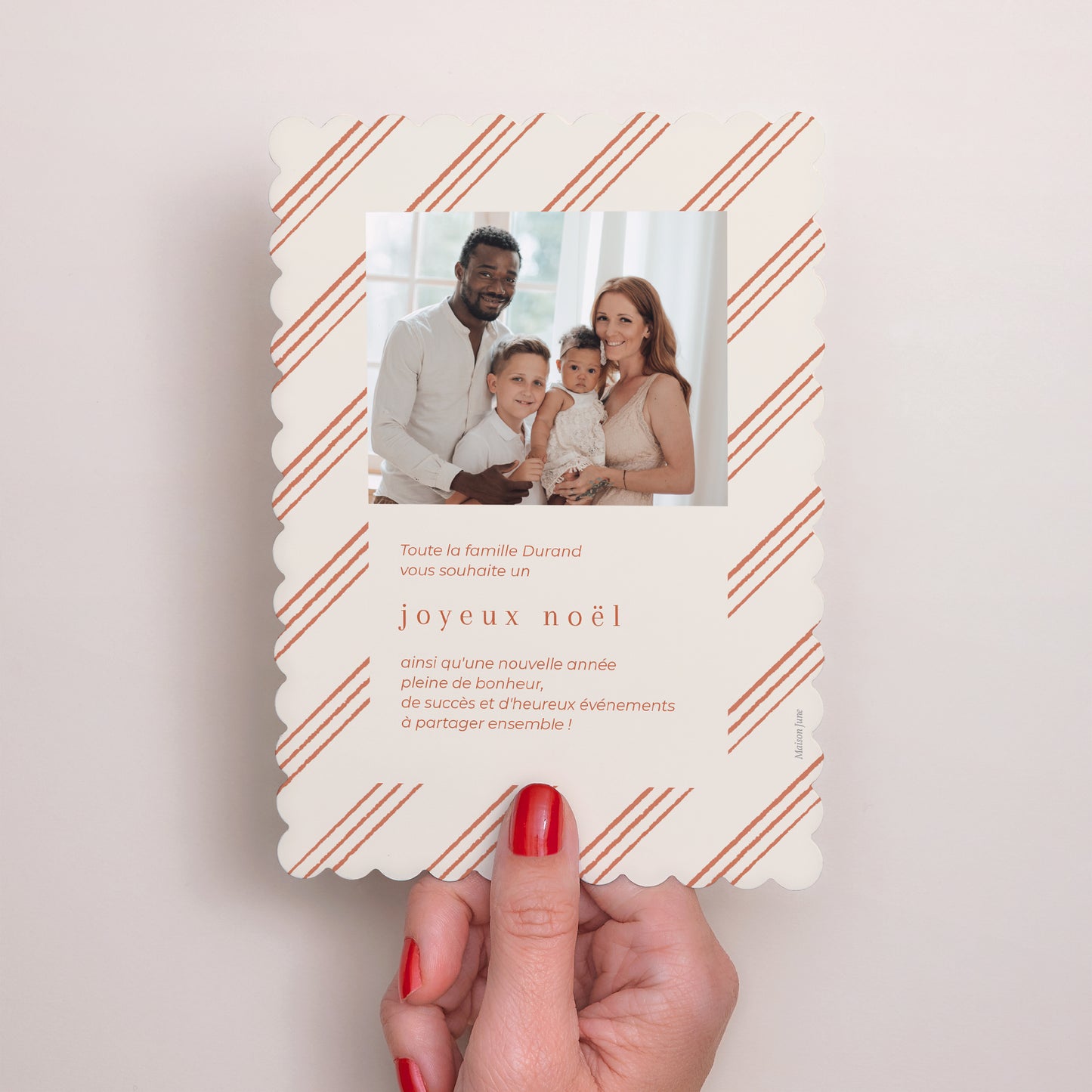 Carte de voeux Fin d'année Portrait, bords biscuit Rayures rouges photo N° 3