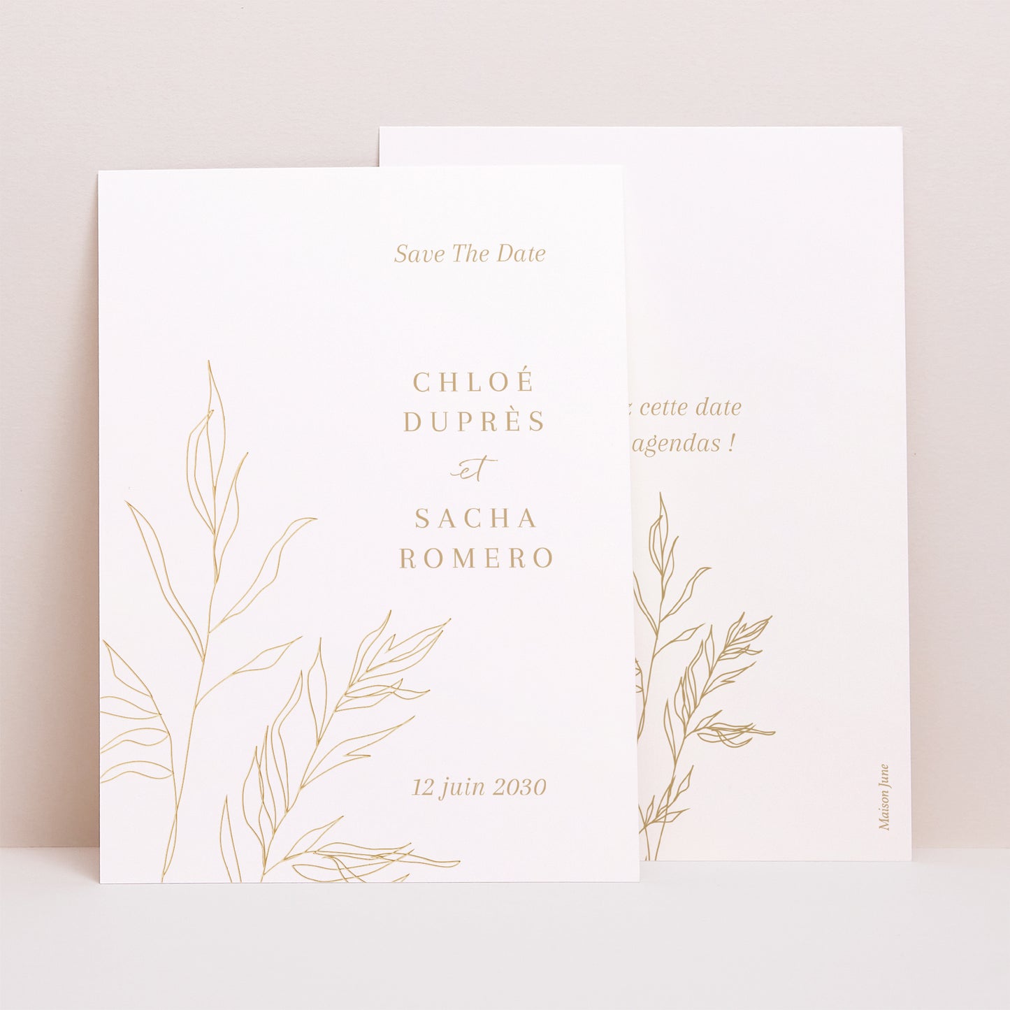 Save the date Mariage Portrait feuillage épuré doré photo N° 1