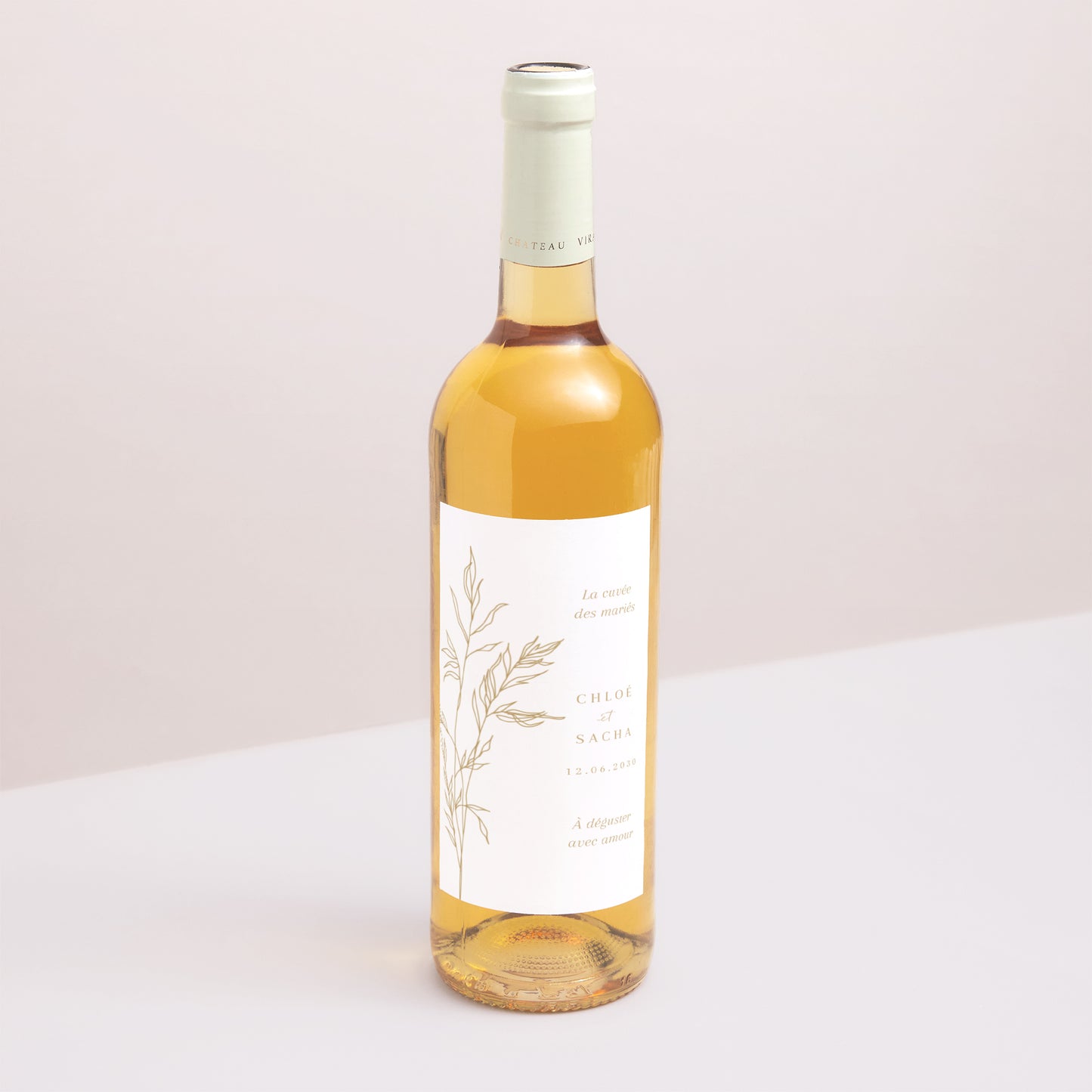 Etiquette bouteille Mariage Portrait feuillage épuré doré photo N° 1