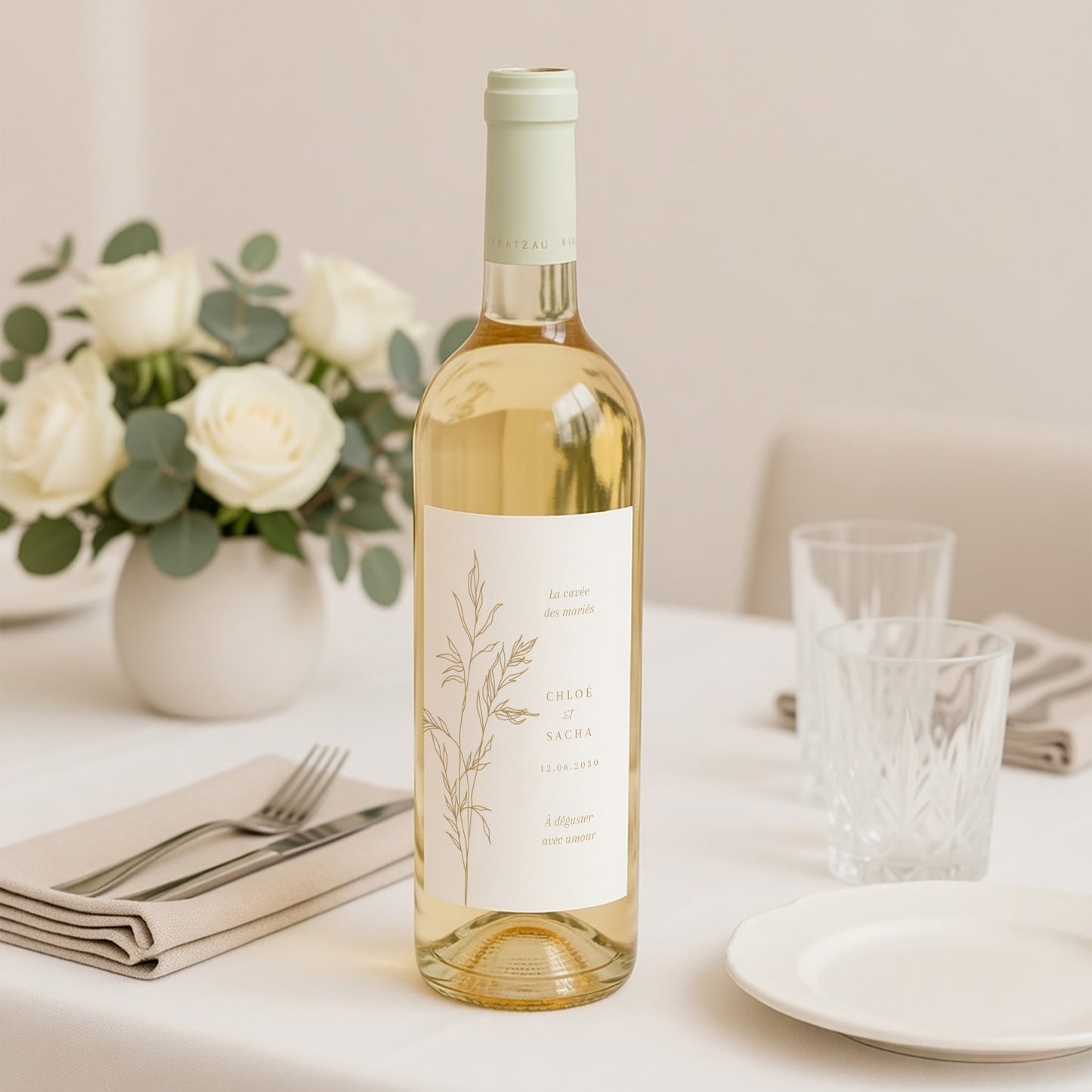 Etiquette bouteille Mariage Portrait Feuillage épuré doré photo N° 2
