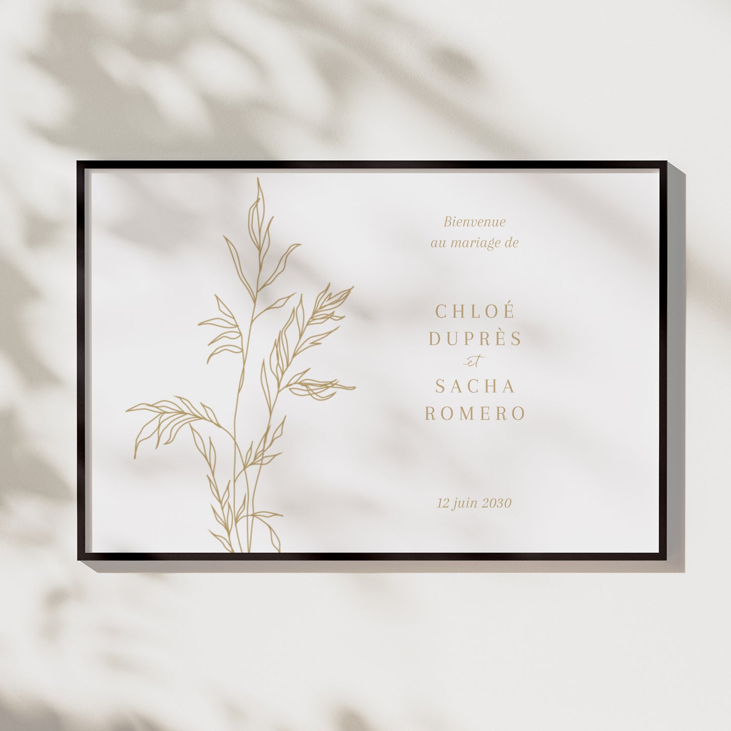 Panneau bienvenue Mariage Paysage 90 x 60 cm feuillage épuré doré photo N° 1
