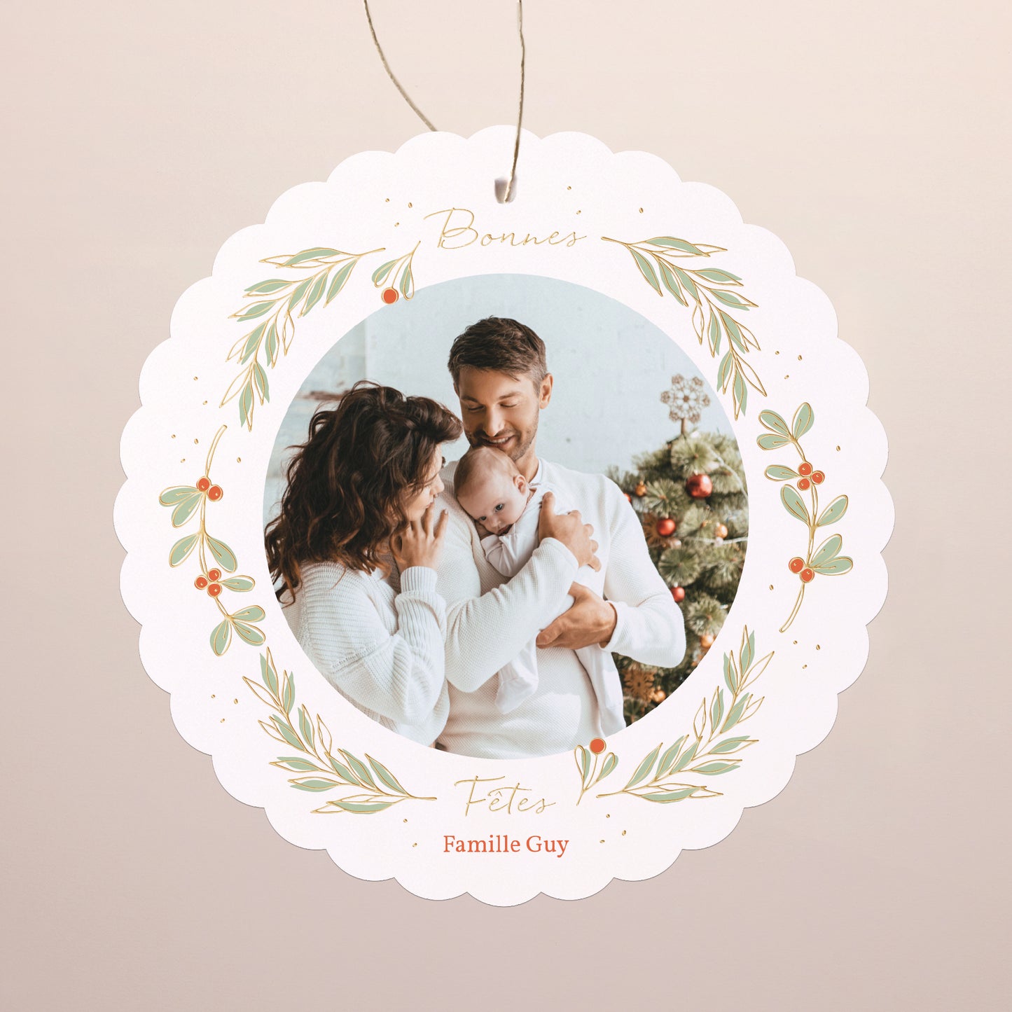 Carte de Noel Fin d'année À suspendre couronne végétale dorure photo N° 1