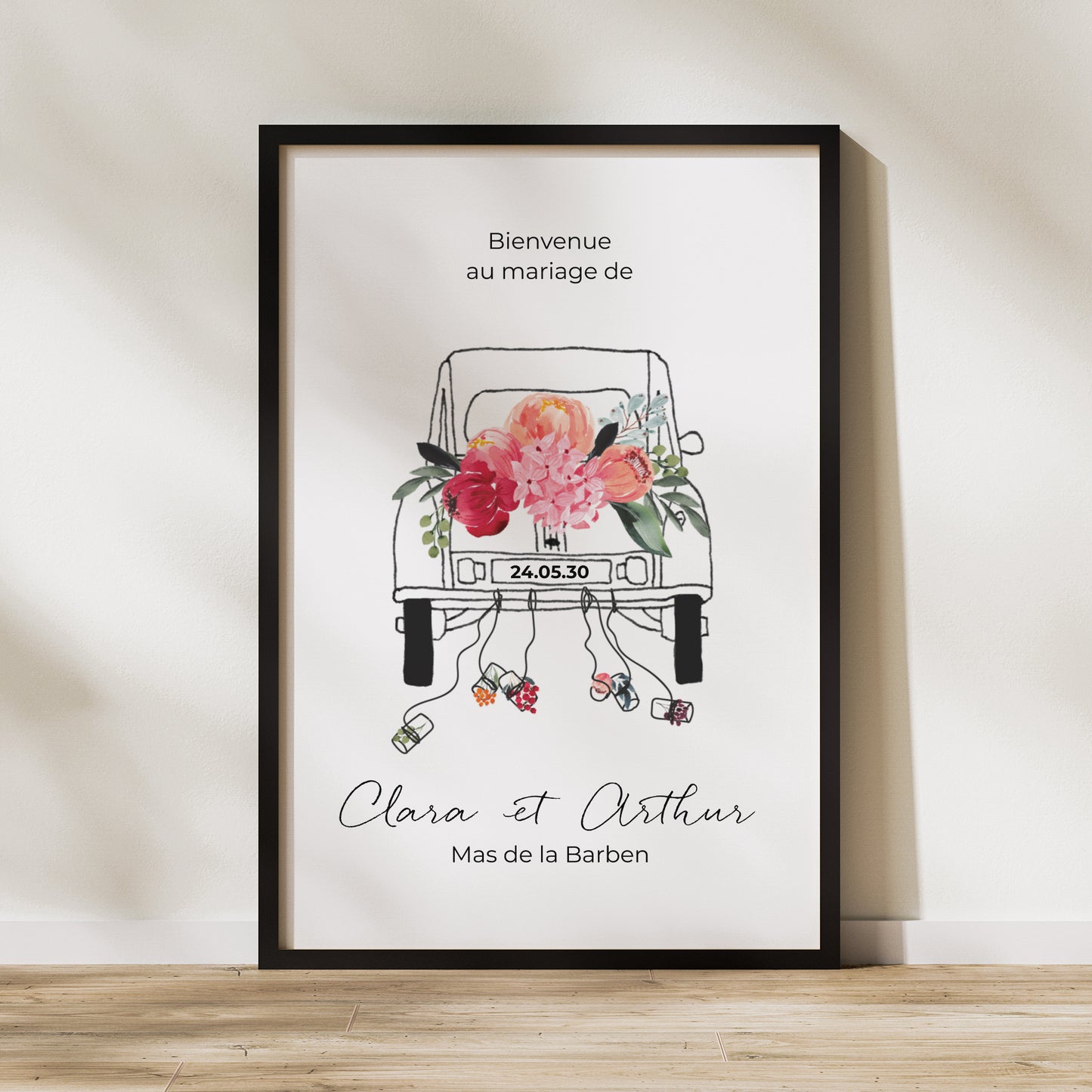 Panneau bienvenue Mariage Portrait 60 x 90 cm 2CV fleurie photo N° 1