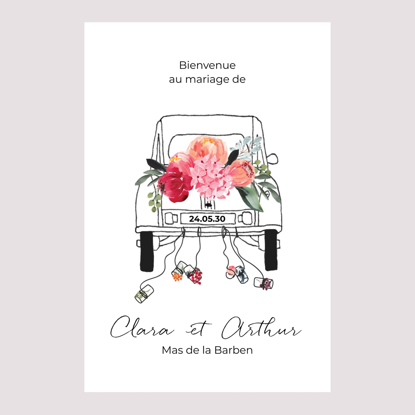 Panneau bienvenue Mariage Portrait 60 x 90 cm 2CV fleurie photo N° 2