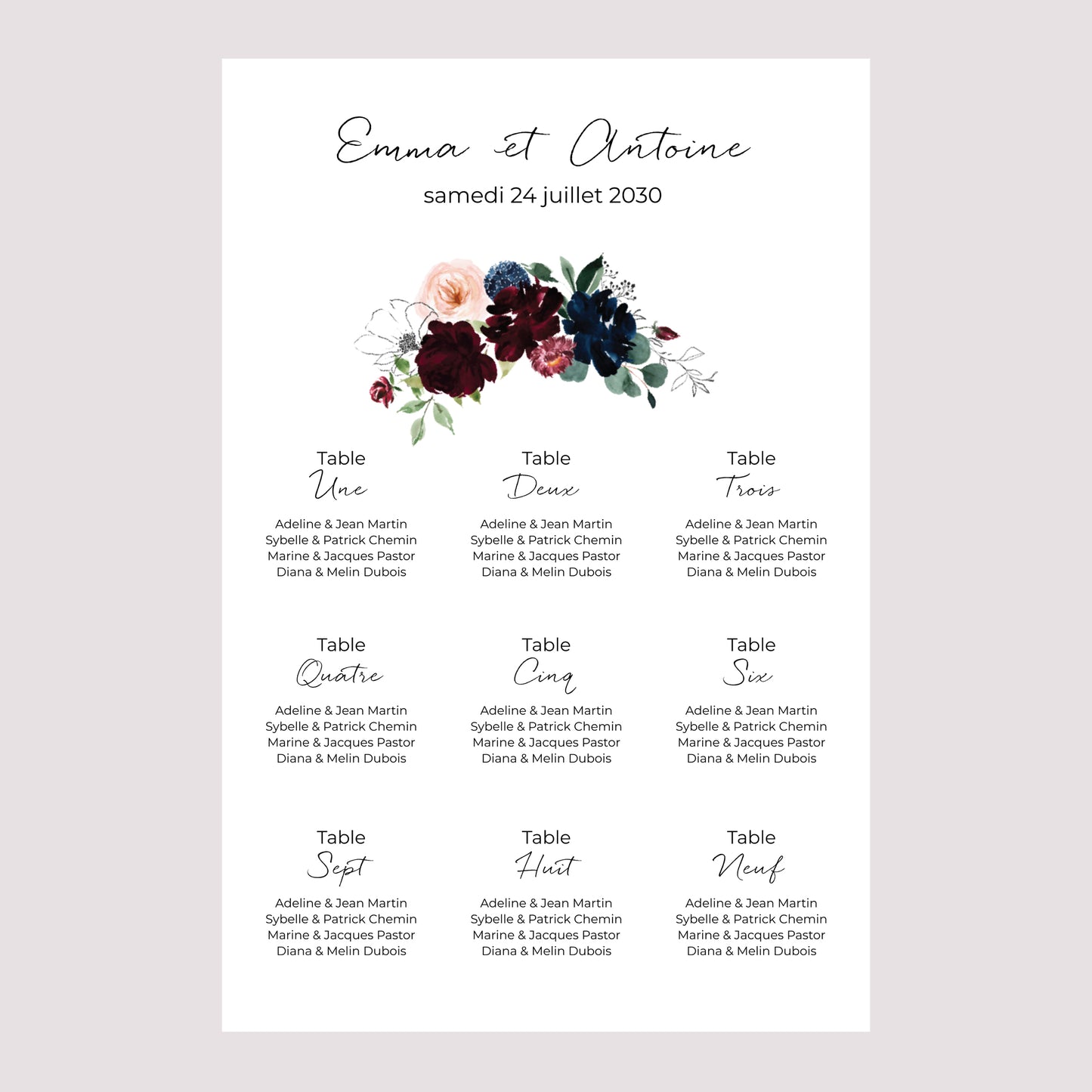 Plan de table Mariage Portrait Combi fleuri photo N° 2