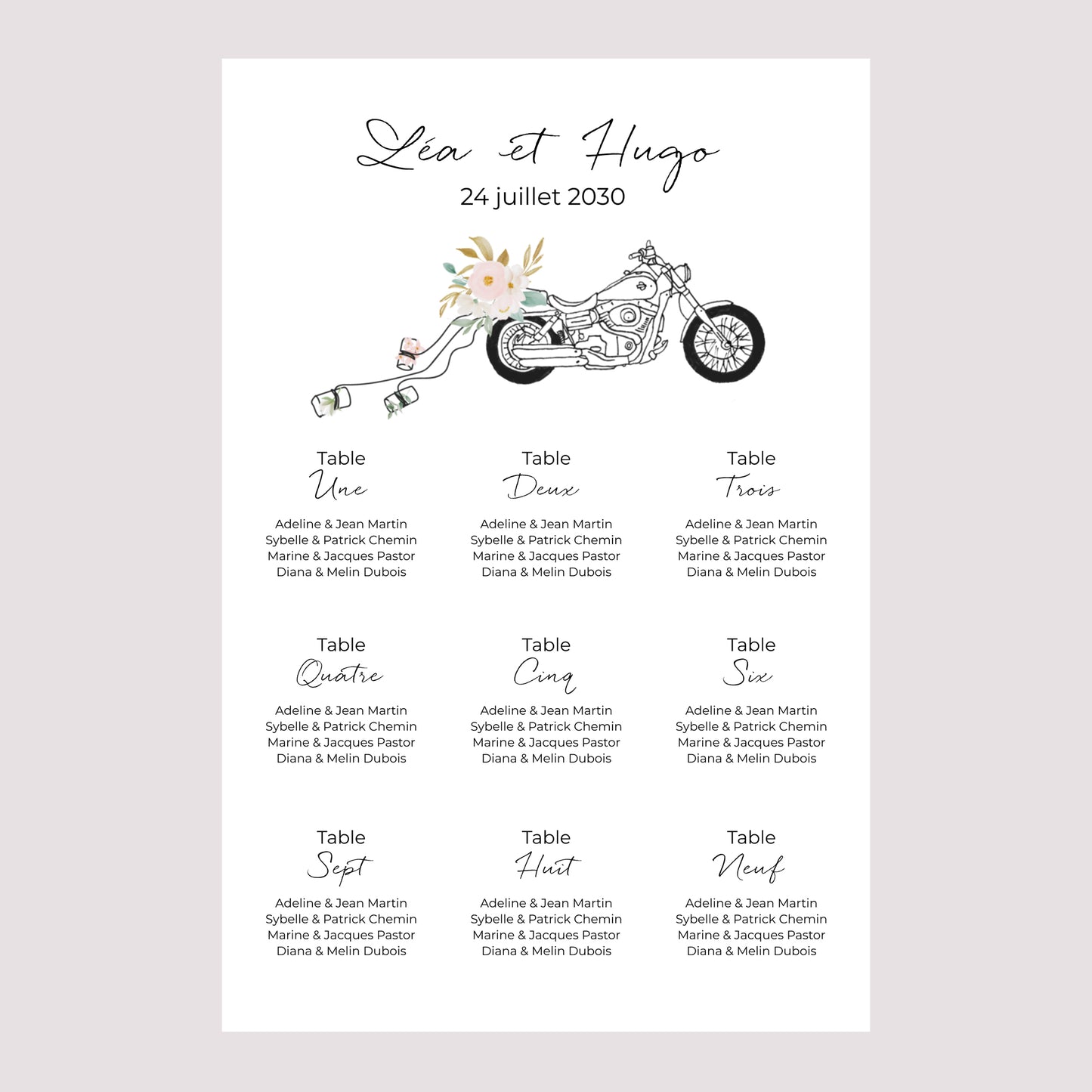Plan de table Mariage Portrait Harley fleurie photo N° 2