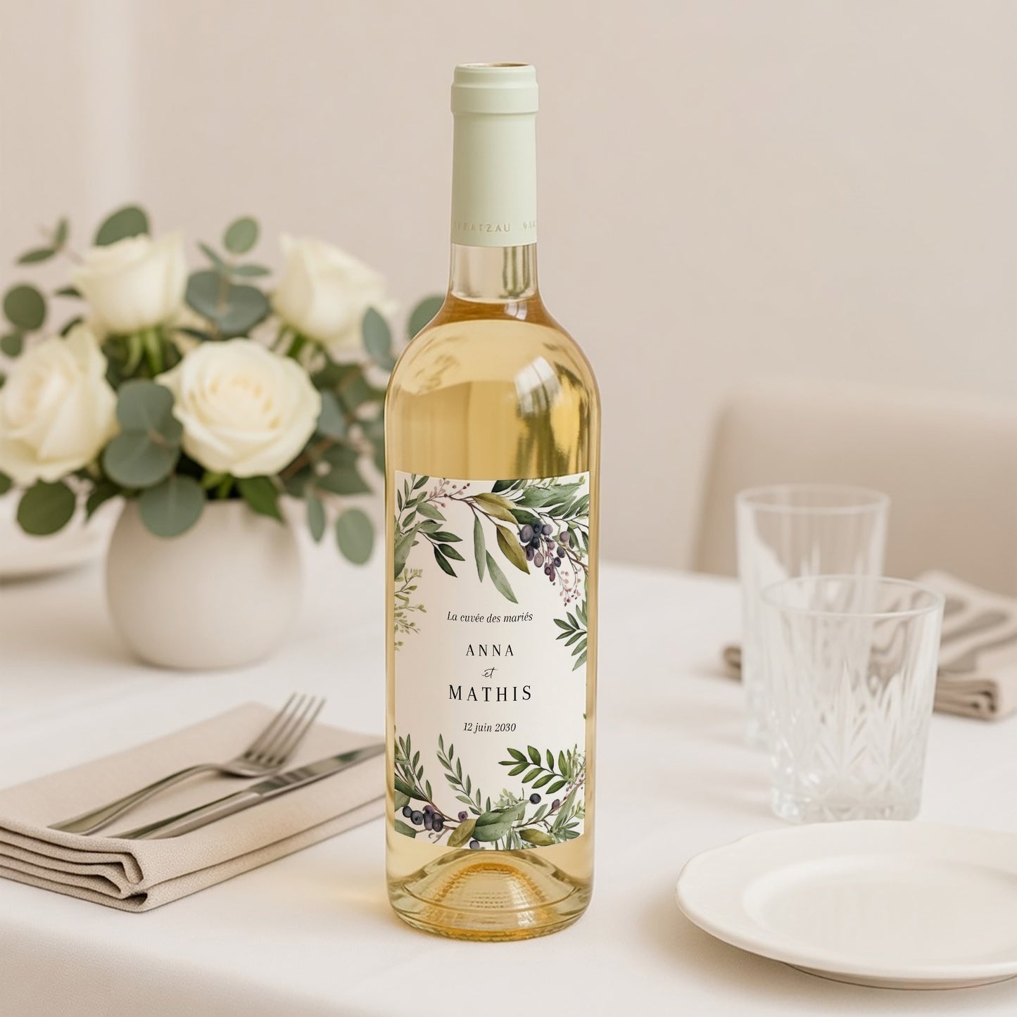 Etiquette bouteille Mariage Portrait Feuillage printanier photo N° 2