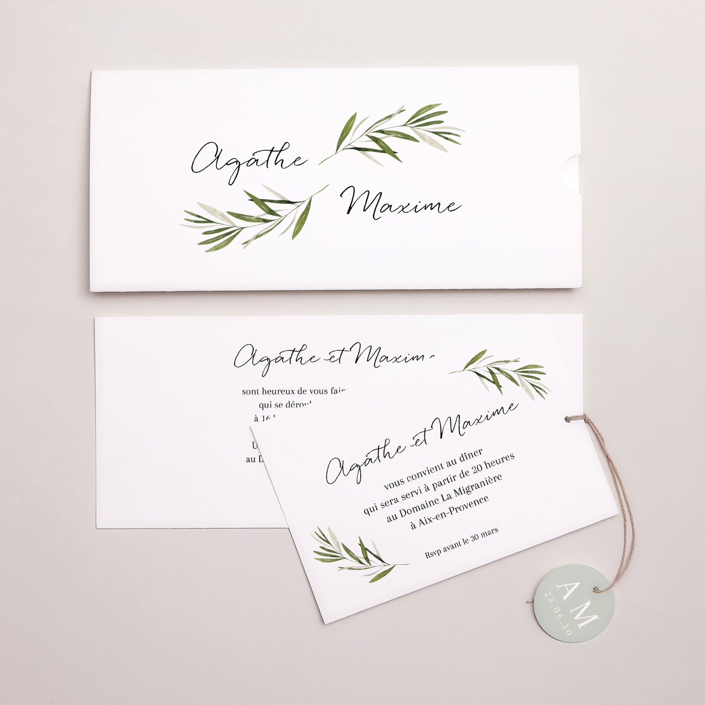 Faire-part Mariage Pochette 2 cartes, étiquette branche d'olivier III photo N° 3