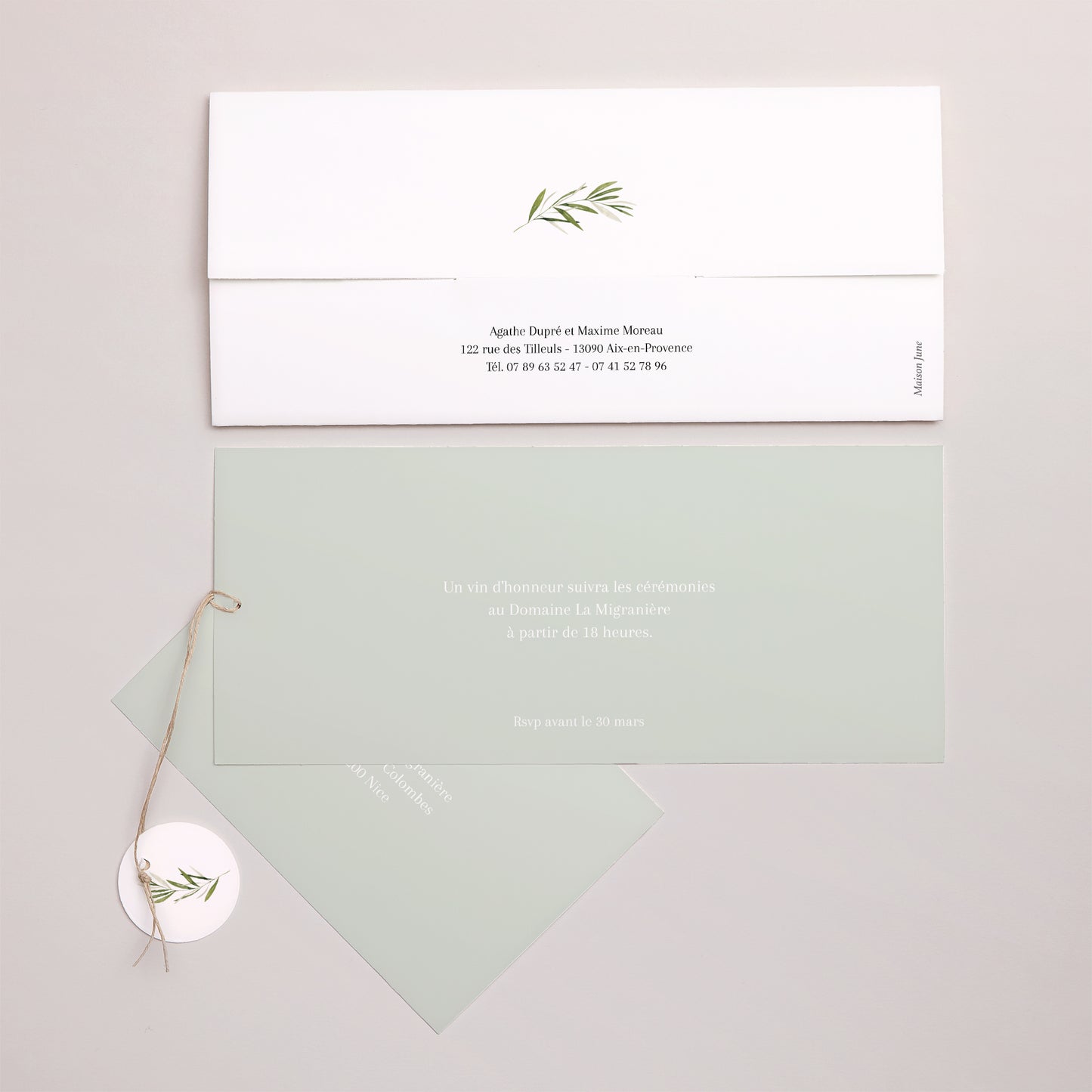 Faire-part Mariage Pochette 2 cartes, étiquette branche d'olivier III photo N° 4