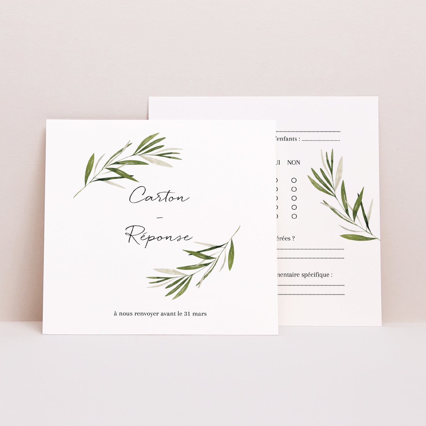 Carton réponse Mariage Carré branche d'olivier III photo N° 1