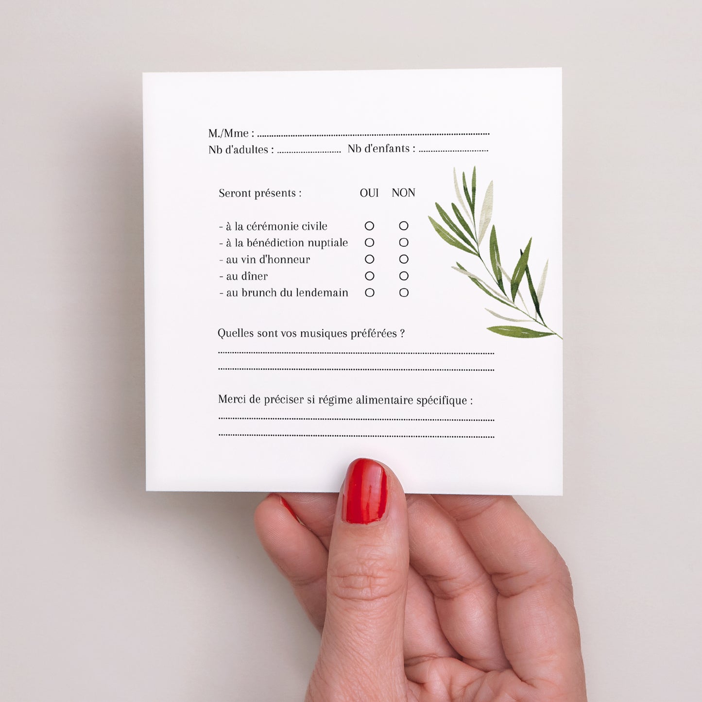 Carton réponse Mariage Carré branche d'olivier III photo N° 3