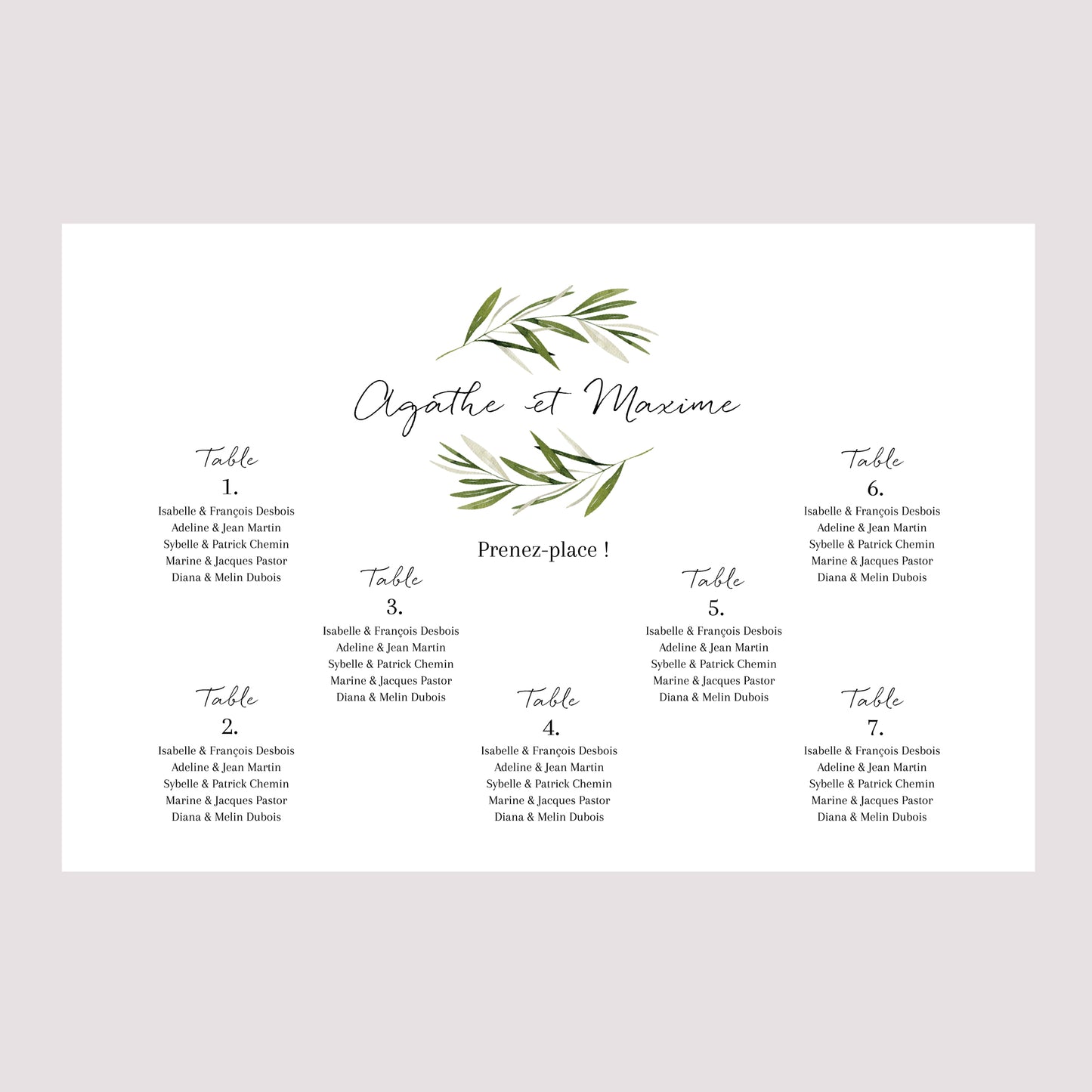 Plan de table Mariage Paysage 90 x 60 cm Branche d'olivier III photo N° 2