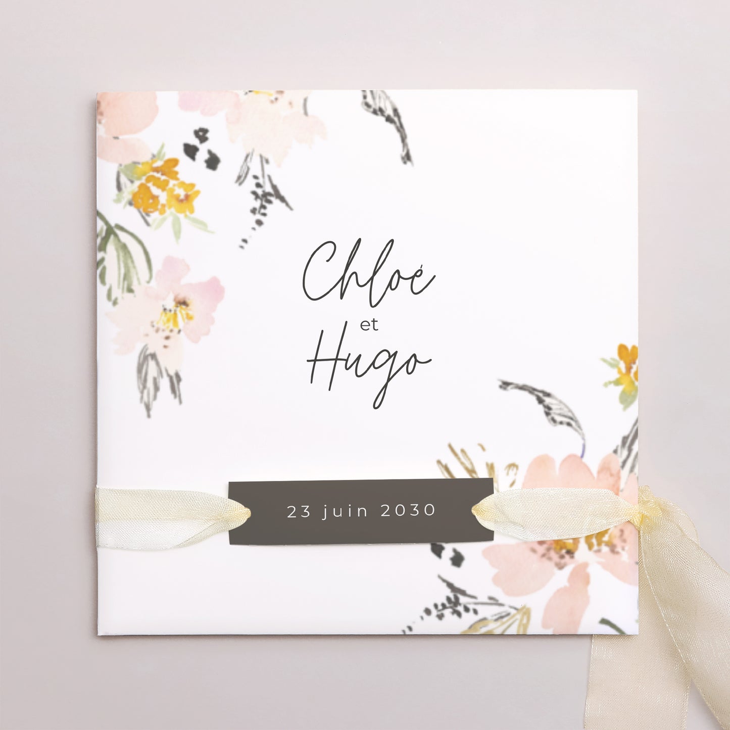Faire-part Mariage Pochette carrée, 3 cartes, étiquette fleurs pop II photo N° 1