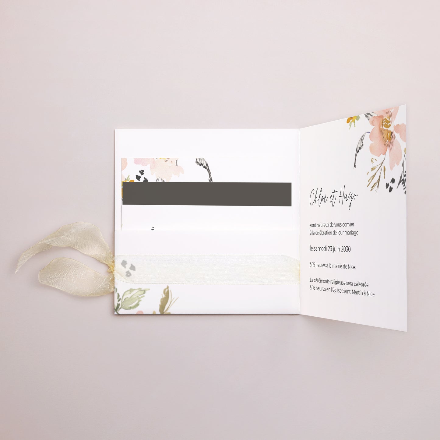 Faire-part Mariage Pochette carrée, 3 cartes, étiquette fleurs pop II photo N° 2