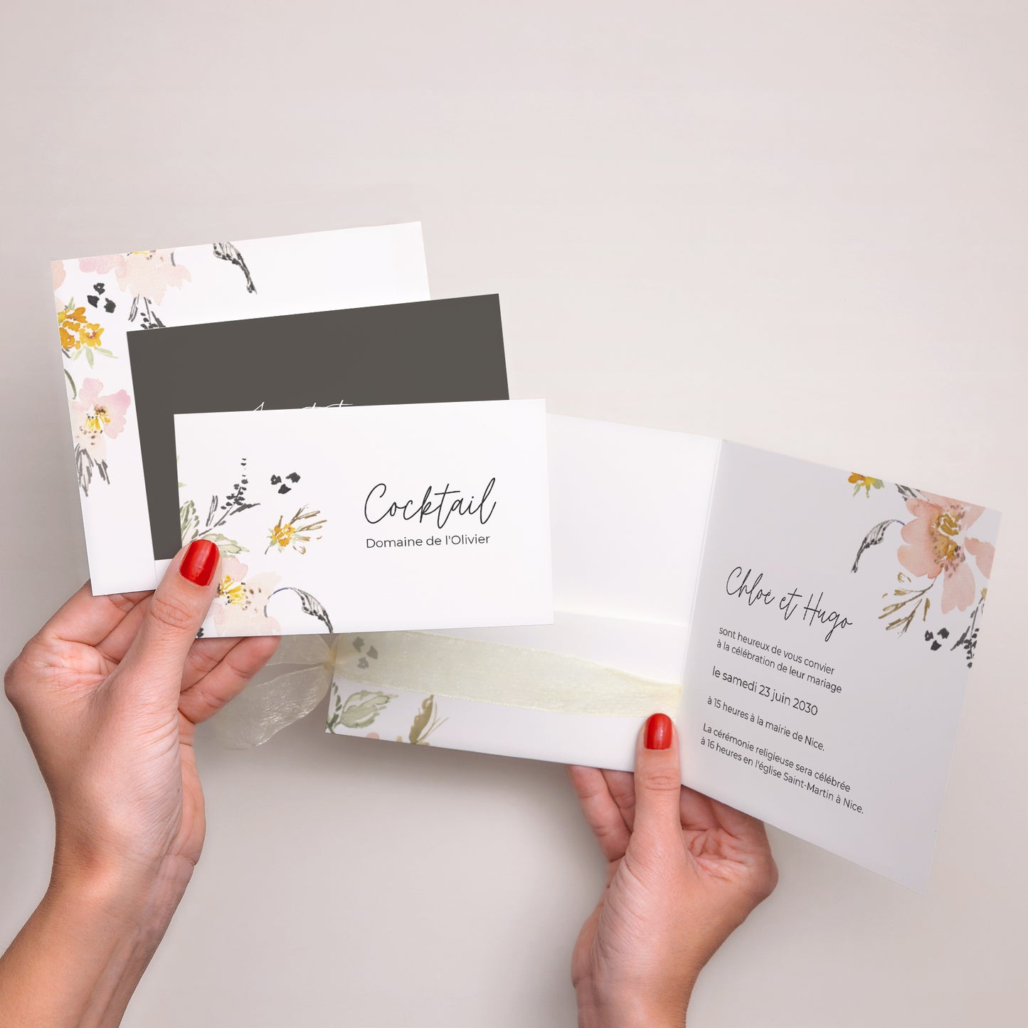 Faire-part Mariage Pochette carrée, 3 cartes, étiquette fleurs pop II photo N° 3
