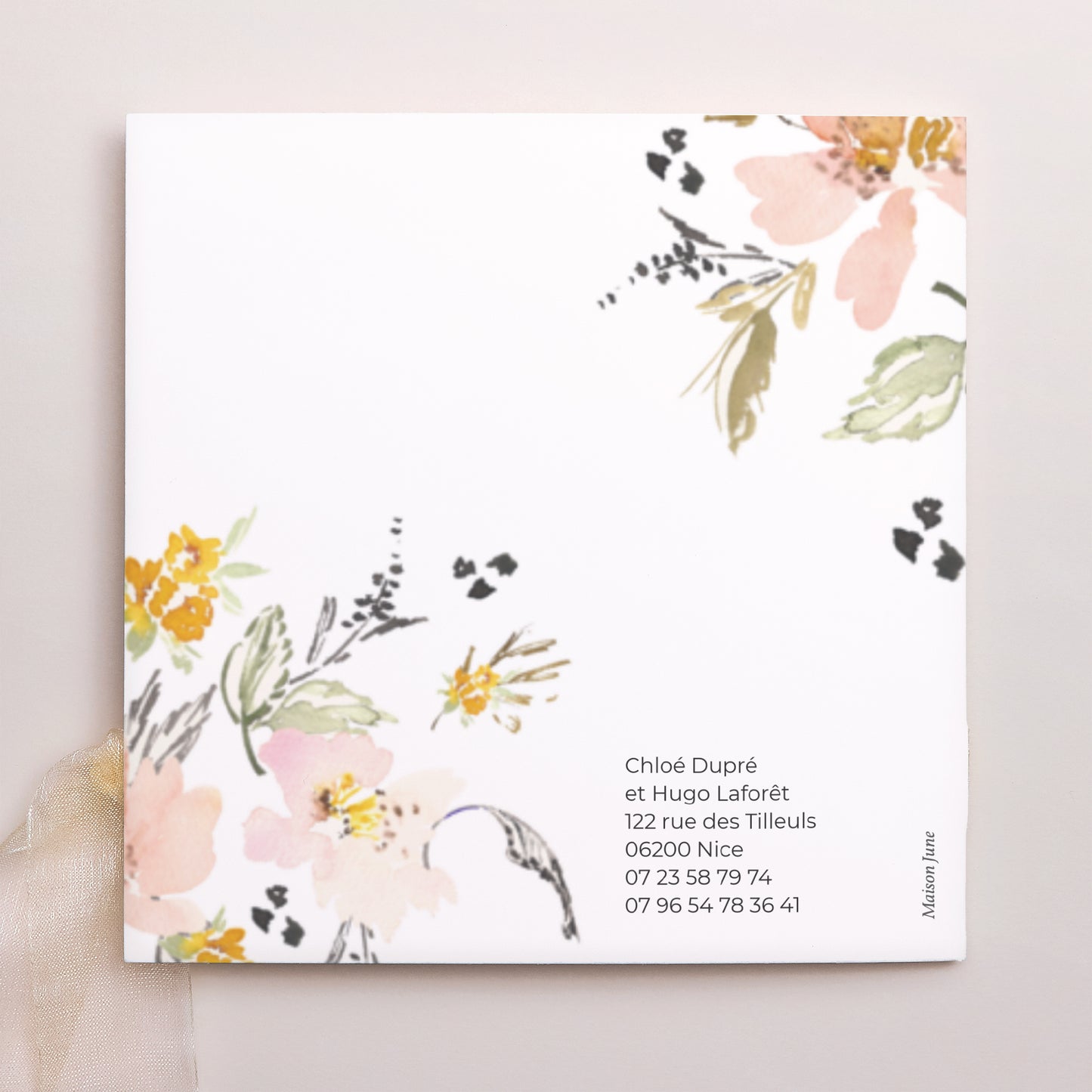 Faire-part Mariage Pochette carrée, 3 cartes, étiquette fleurs pop II photo N° 4