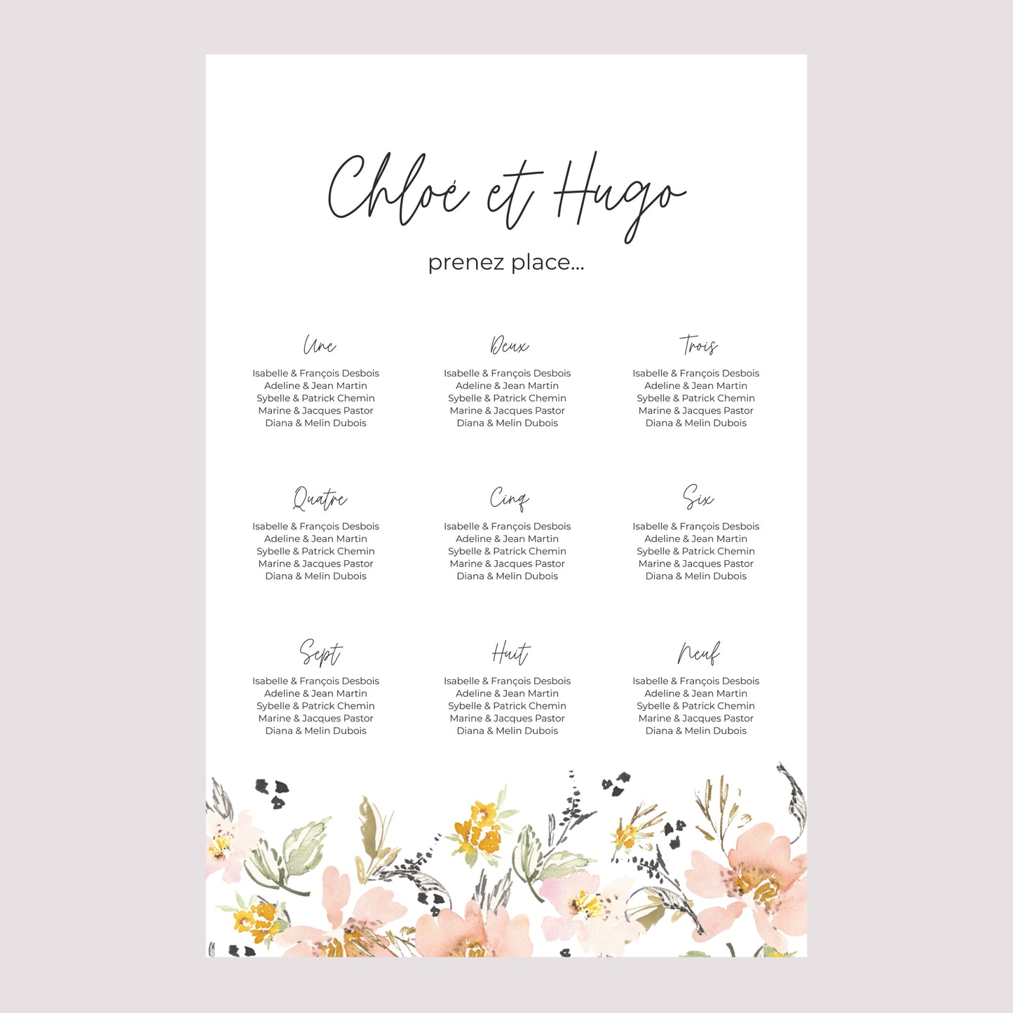 Plan de table Mariage Portrait 60 x 90 cm Fleurs pop II photo N° 2